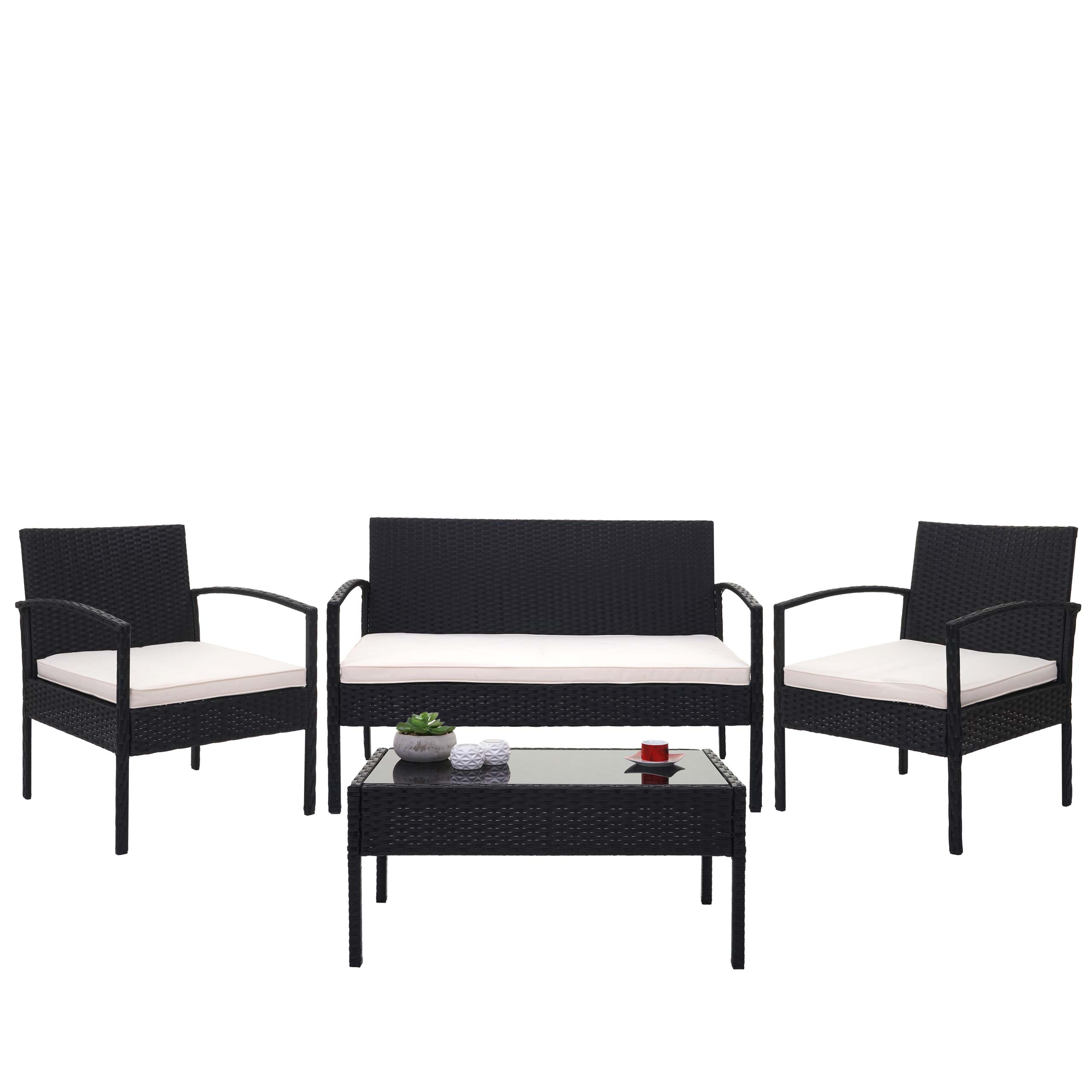 Poly-Rattan Garnitur MCW-F56, Balkon-/Garten-/Lounge-Set Sitzgruppe ~ schwarz, Kissen creme 