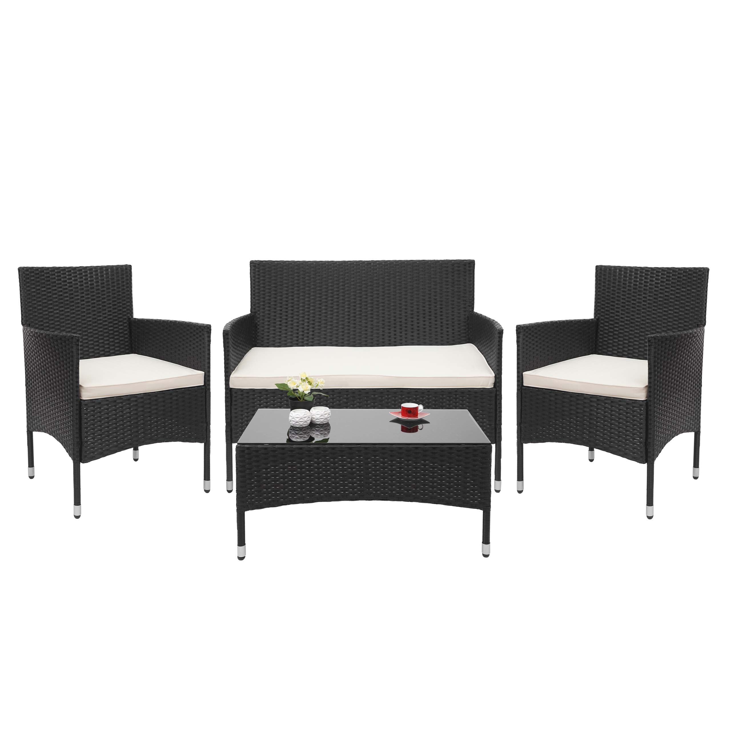 Poly-Rattan Garnitur MCW-F55, Balkon-/Garten-/Lounge-Set Sofa Sitzgruppe ~ schwarz, Kissen creme 
