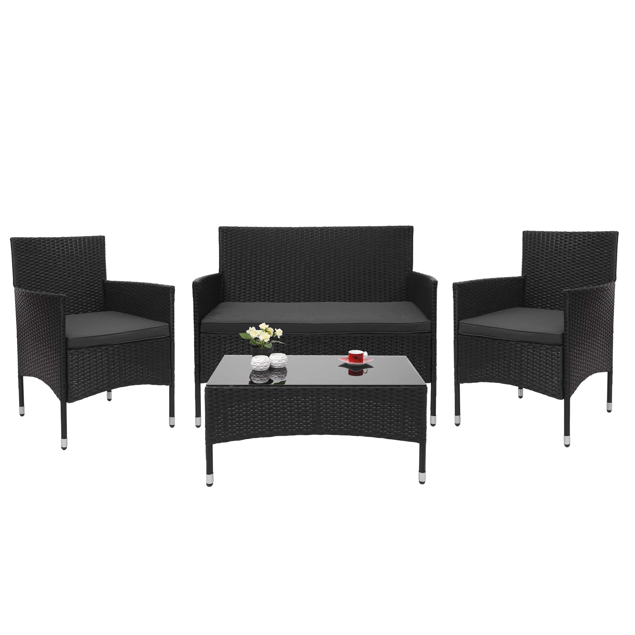 Poly-Rattan Garnitur MCW-F55, Balkon-/Garten-/Lounge-Set Sofa Sitzgruppe ~ schwarz, Kissen dunkelgrau 