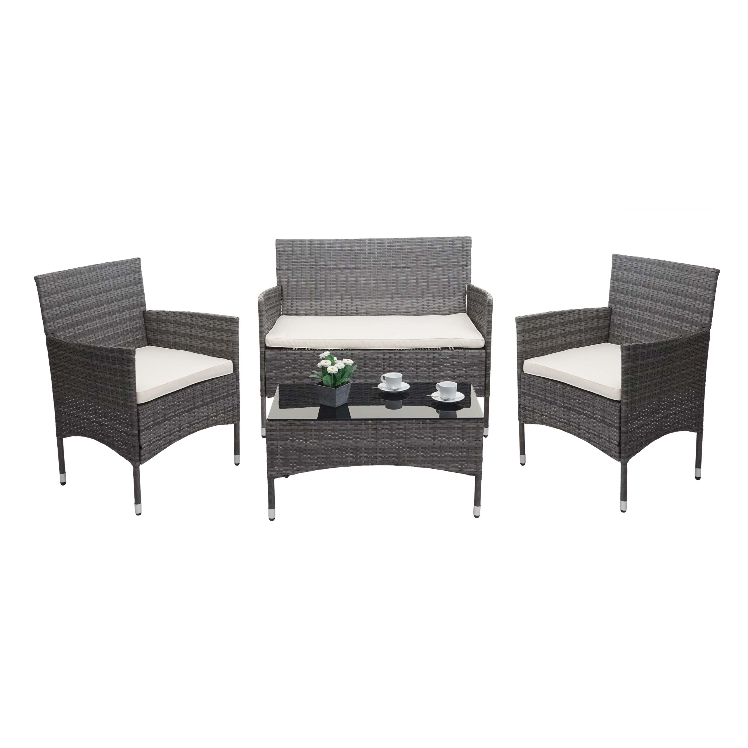 Poly-Rattan Garnitur MCW-F55, Balkon-/Garten-/Lounge-Set Sofa Sitzgruppe ~ grau, Kissen creme 