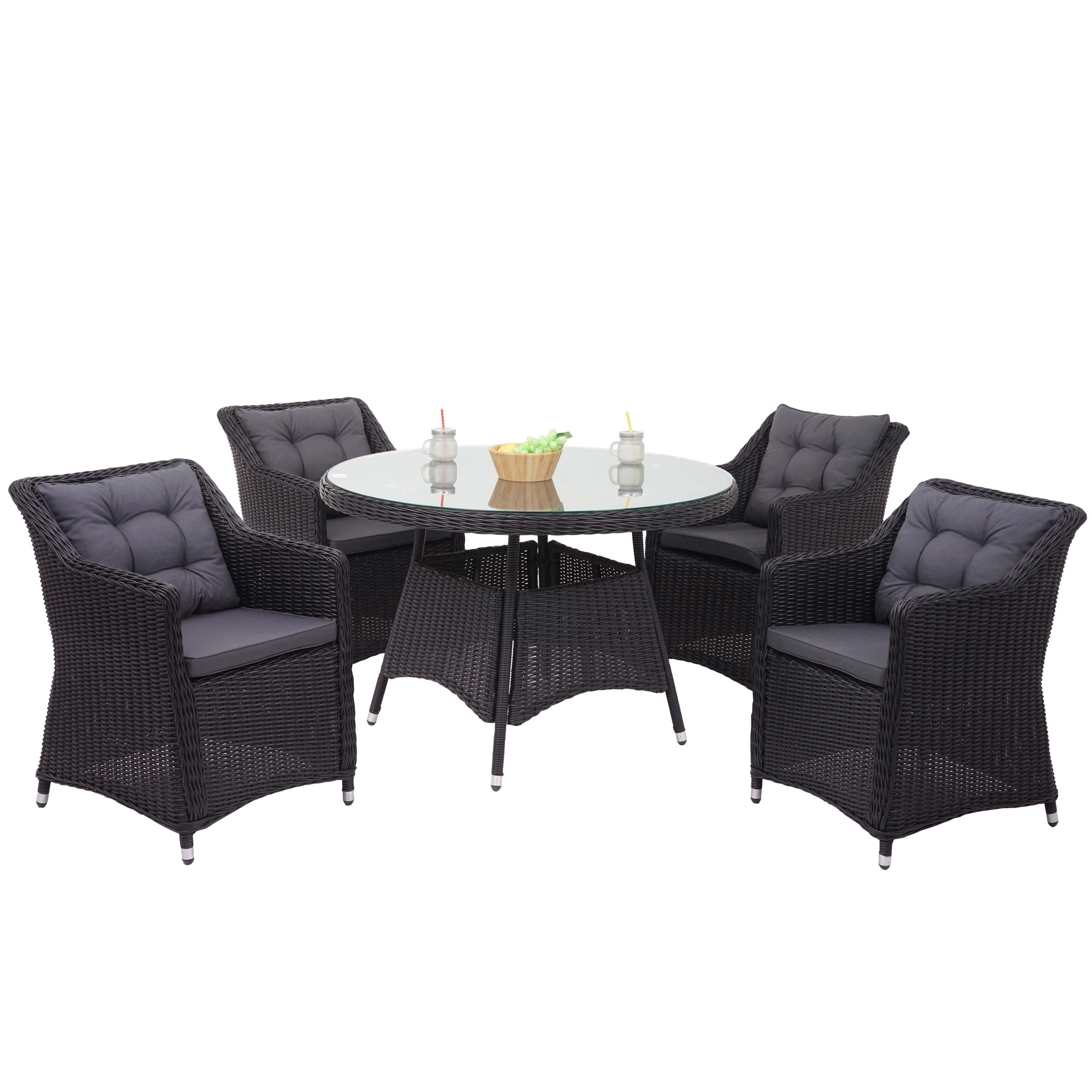 Poly-Rattan Garnitur MCW-F51, Garten-/Lounge-Set Sitzgruppe Tisch+4xStuhl, rundes Rattan anthrazit Kissen dunkelgrau 