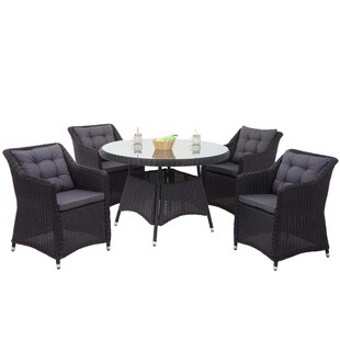 Poly-Rattan Garnitur MCW-F51, Garten-/Lounge-Set Sitzgruppe Tisch+4xStuhl, rundes Rattan anthrazit Kissen dunkelgrau 