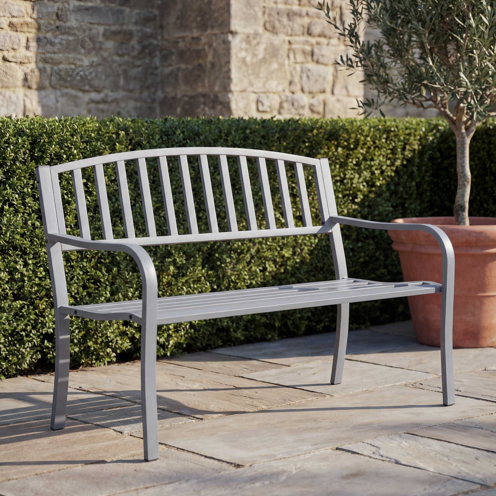 Gartenbank -F43, Bank Parkbank Sitzbank, 2-Sitzer pulverbeschichteter Stahl ~ grau