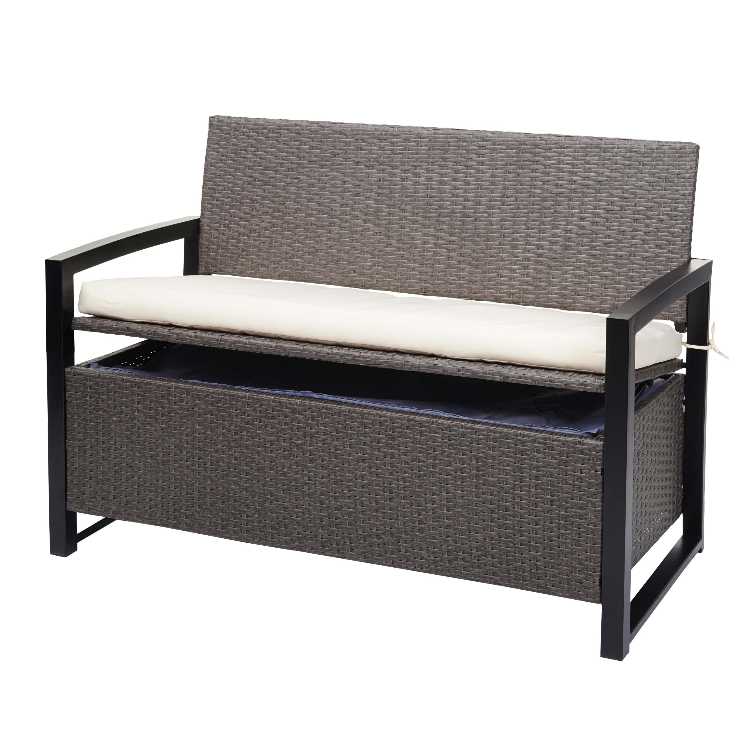 Poly-Rattan 2er Sitzbank MCW-F39, Gartenbank Truhenbank, Staufach Aufbewahrung Sitzkissen ~ grau-meliert, Kissen creme 