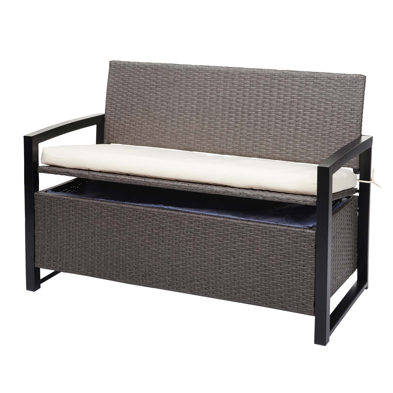 Poly-Rattan 2er Sitzbank -F39, Gartenbank Truhenbank, Staufach Aufbewahrung Sitzkissen ~ grau-meliert, Kissen creme