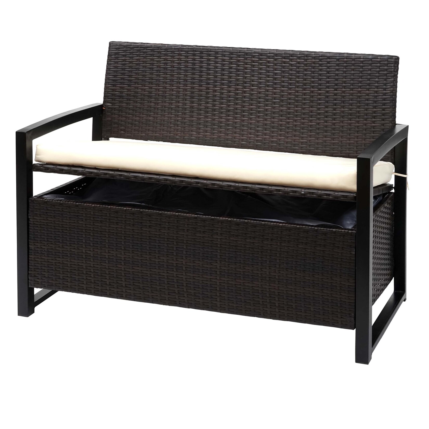 Poly-Rattan 2er Sitzbank -F39, Gartenbank Truhenbank, Staufach Aufbewahrung Sitzkissen ~ braun, Kissen creme