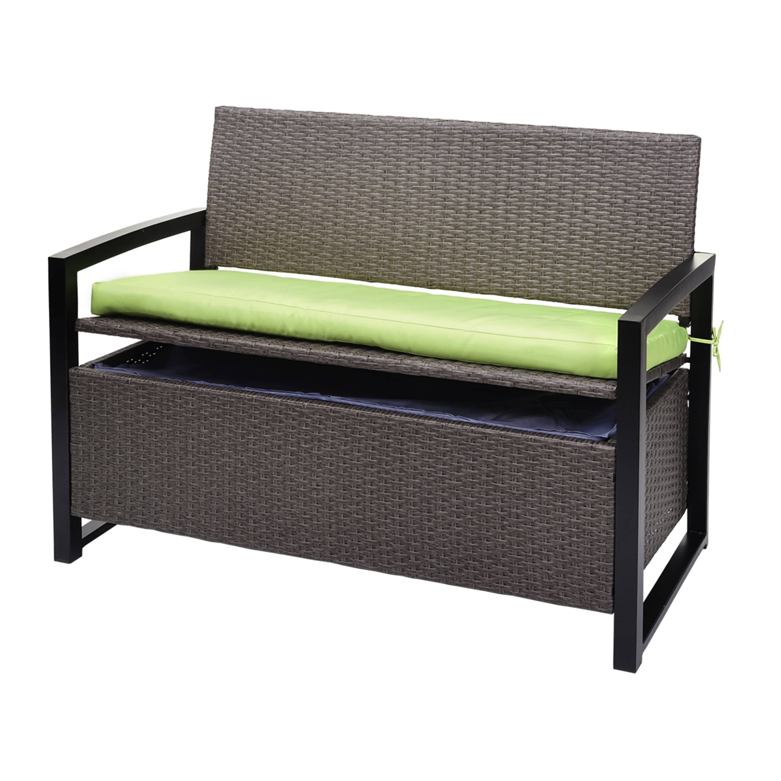Poly-Rattan 2er Sitzbank MCW-F39, Gartenbank Truhenbank, Staufach Aufbewahrung Sitzkissen ~ grau-meliert, Kissen gr&uuml;n 