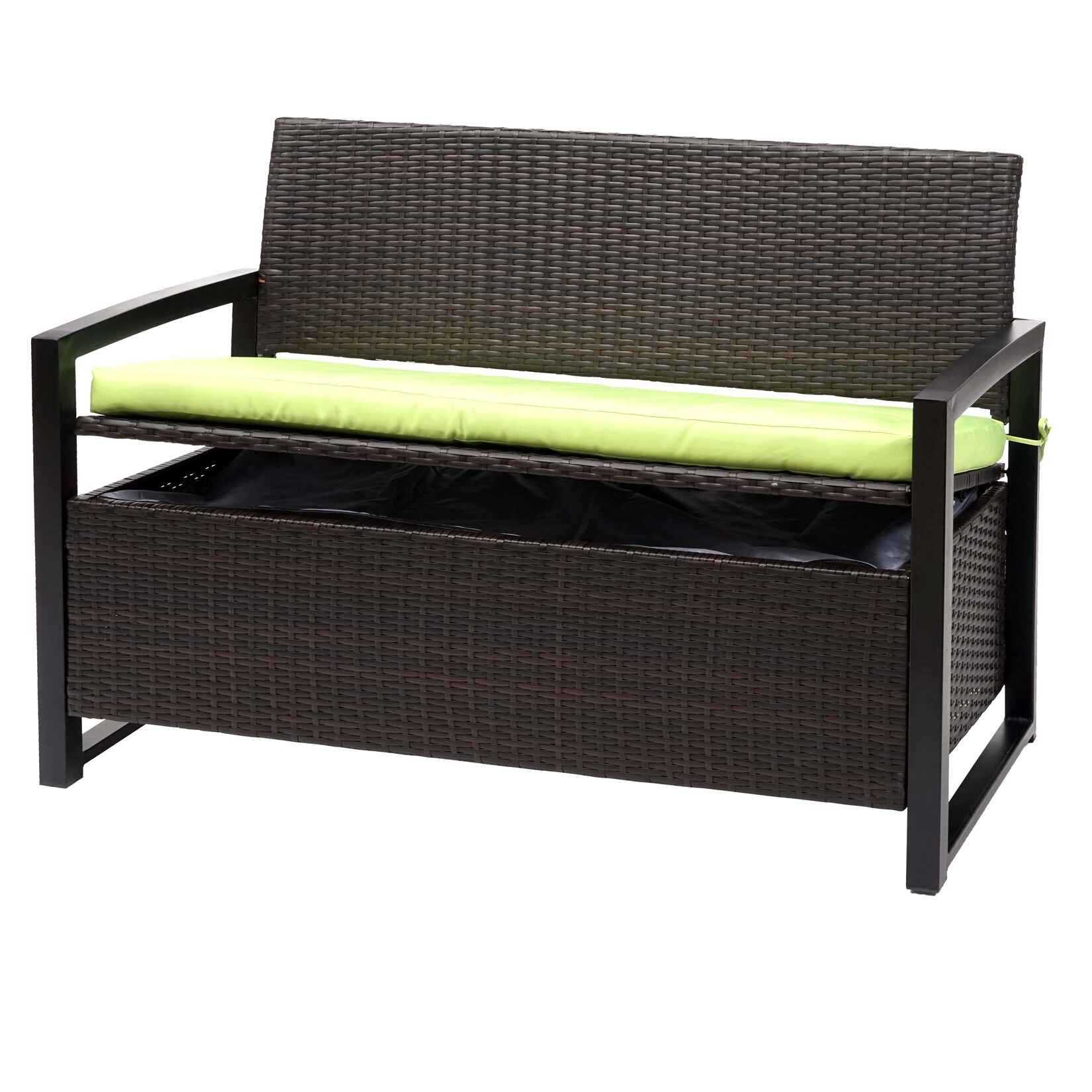 Poly-Rattan 2er Sitzbank -F39, Gartenbank Truhenbank, Staufach Aufbewahrung Sitzkissen ~ braun, Kissen grün