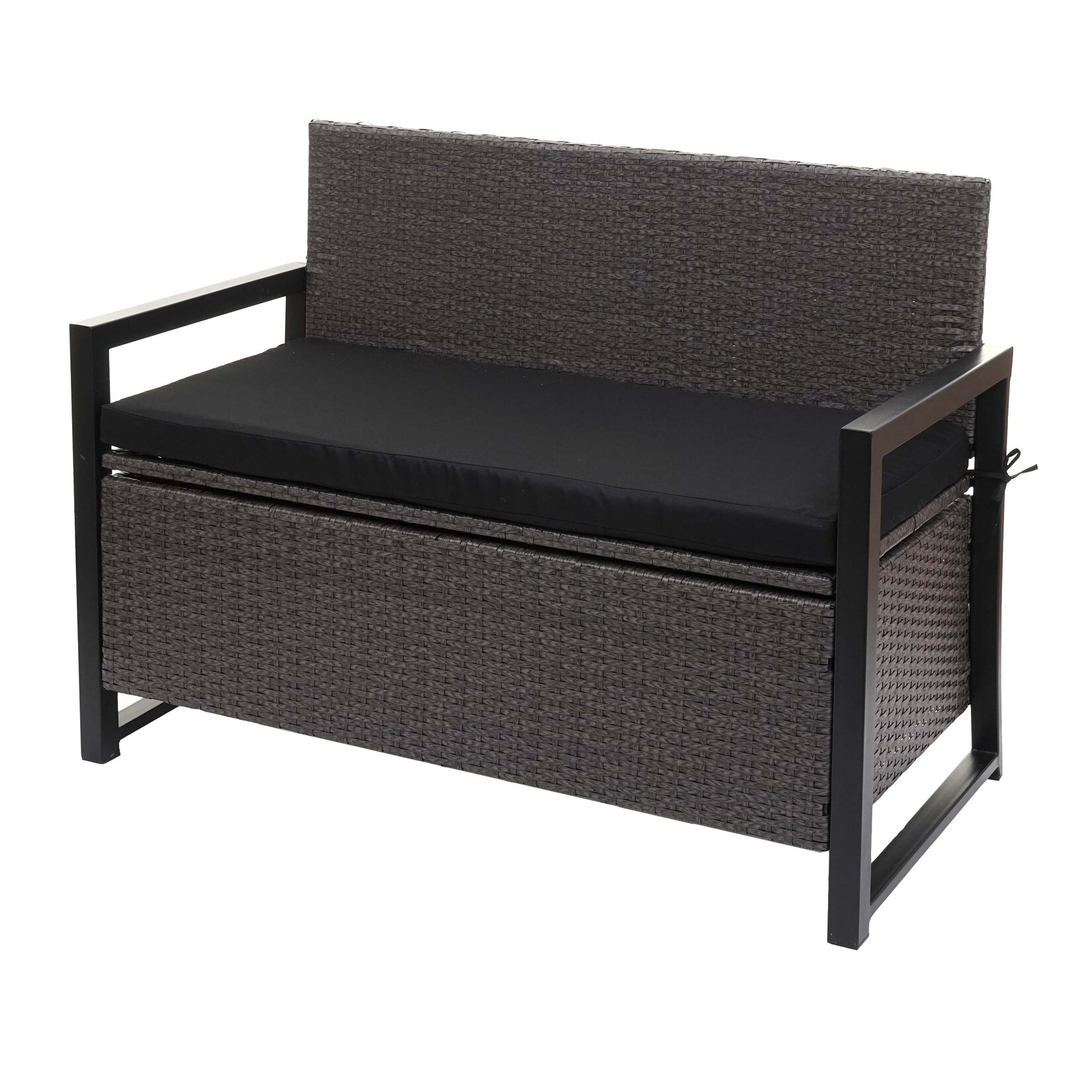 Poly-Rattan 2er Sitzbank -F39, Gartenbank Truhenbank, Staufach Aufbewahrung Sitzkissen ~ grau, Kissen schwarz