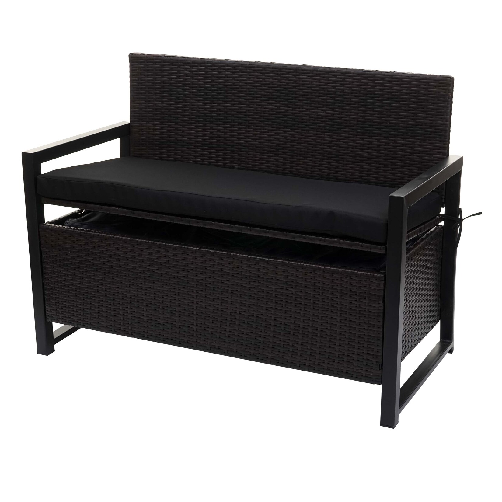 Poly-Rattan 2er Sitzbank -F39, Gartenbank Truhenbank, Staufach Aufbewahrung Sitzkissen ~ braun, Kissen schwarz