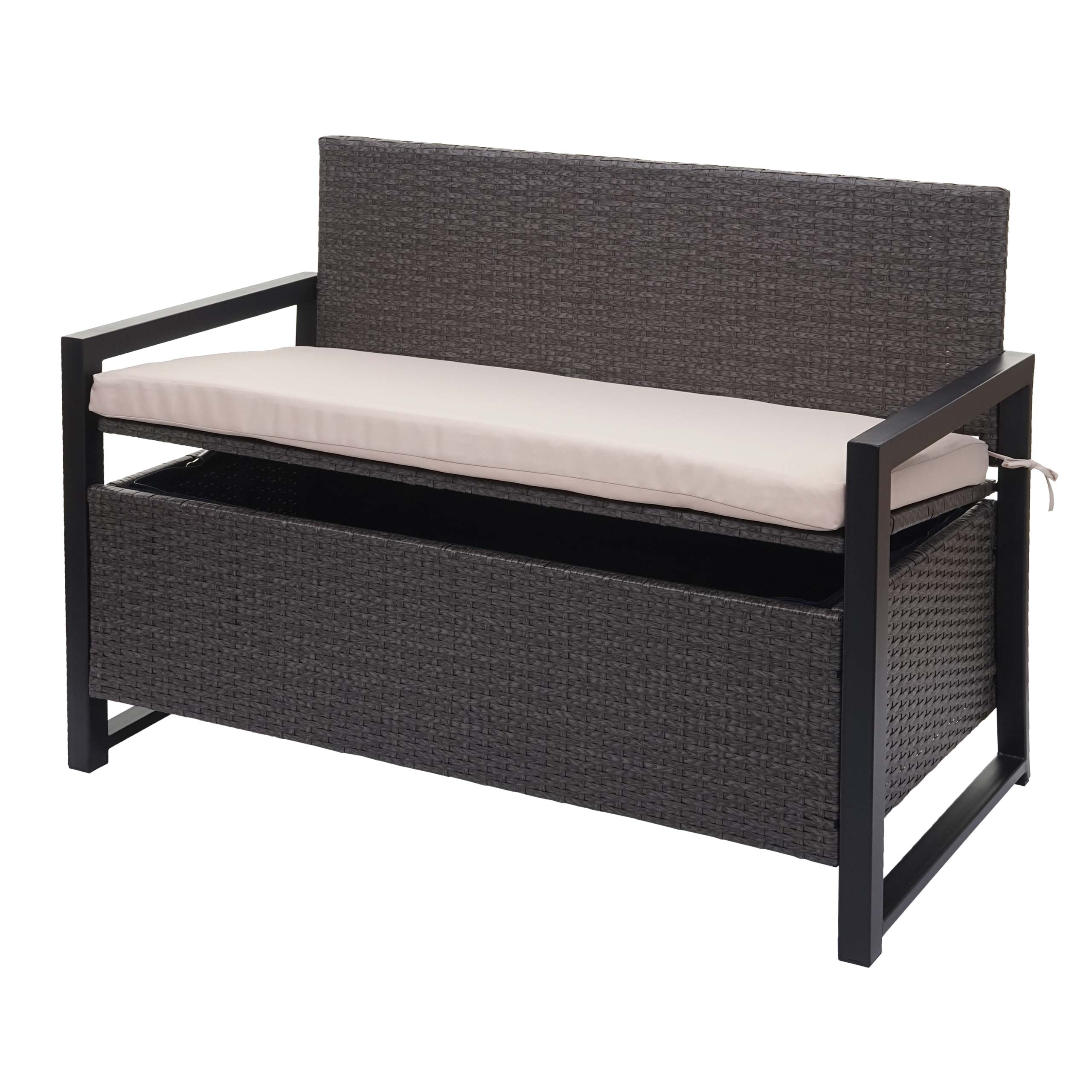 Poly-Rattan 2er Sitzbank MCW-F39, Gartenbank Truhenbank, Staufach Aufbewahrung Sitzkissen ~ grau, Kissen beige 