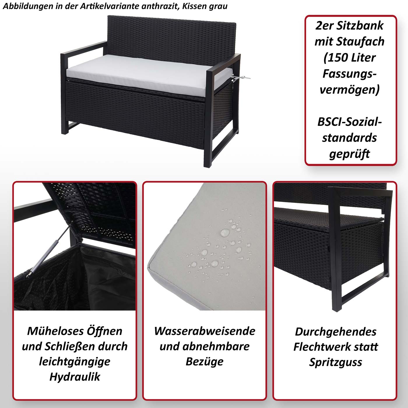 Poly-Rattan 2er Sitzbank MCW-F39, Gartenbank Truhenbank, Staufach 