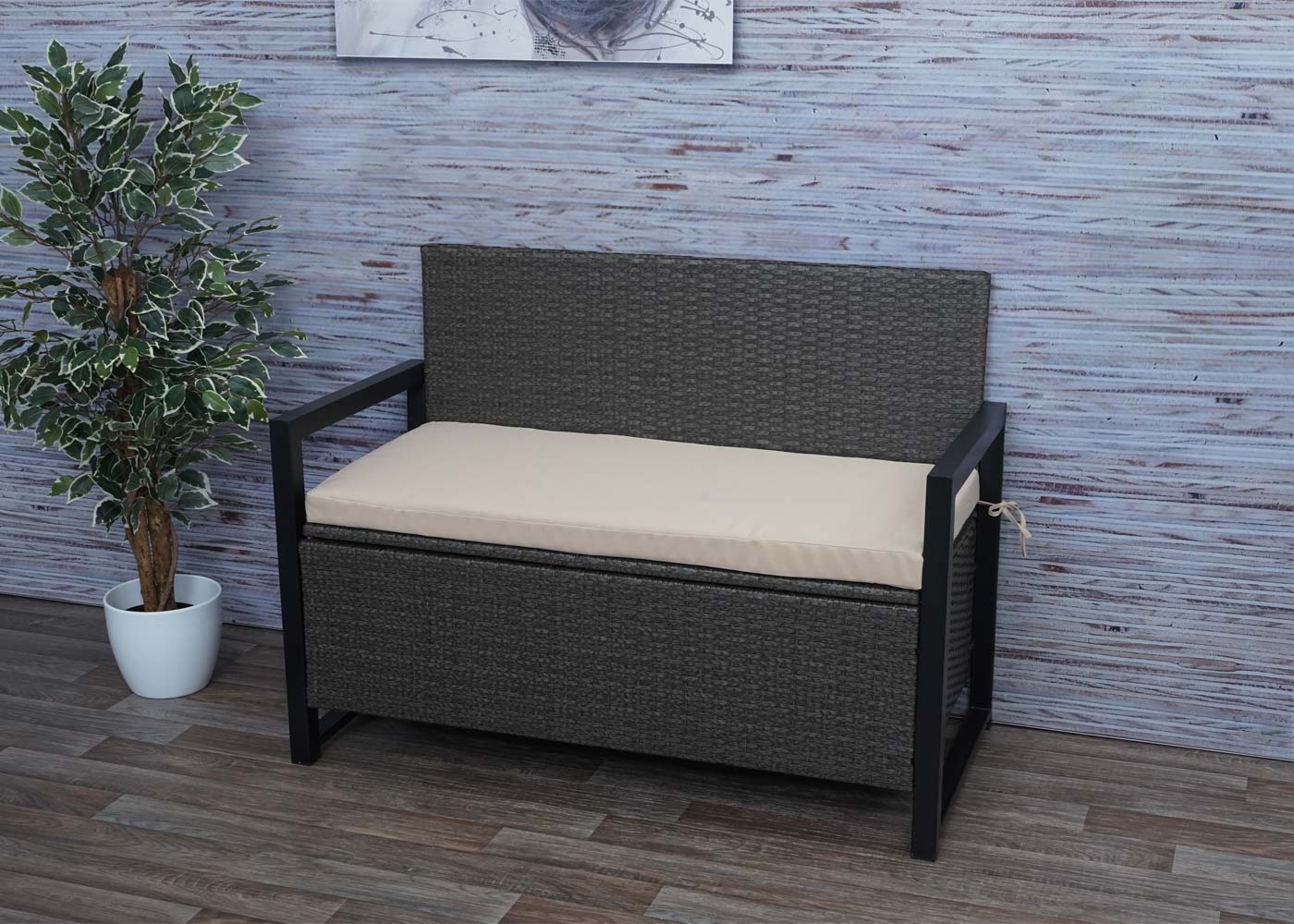 Poly-Rattan 2er Sitzbank MCW-F39, Gartenbank Truhenbank, Staufach 