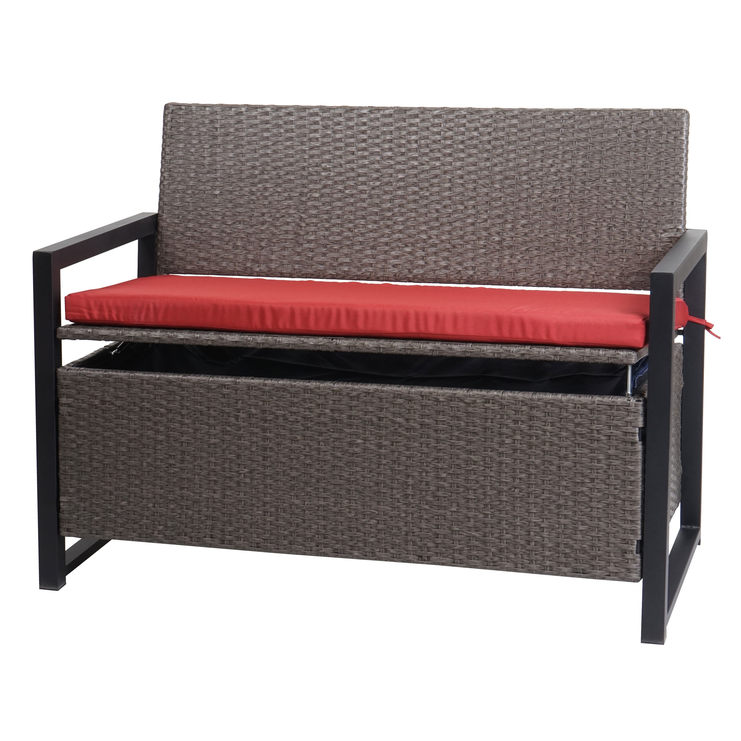 Poly-Rattan 2er Sitzbank MCW-F39, Gartenbank Truhenbank, Staufach Aufbewahrung Sitzkissen ~ grau-meliert, Kissen rot 