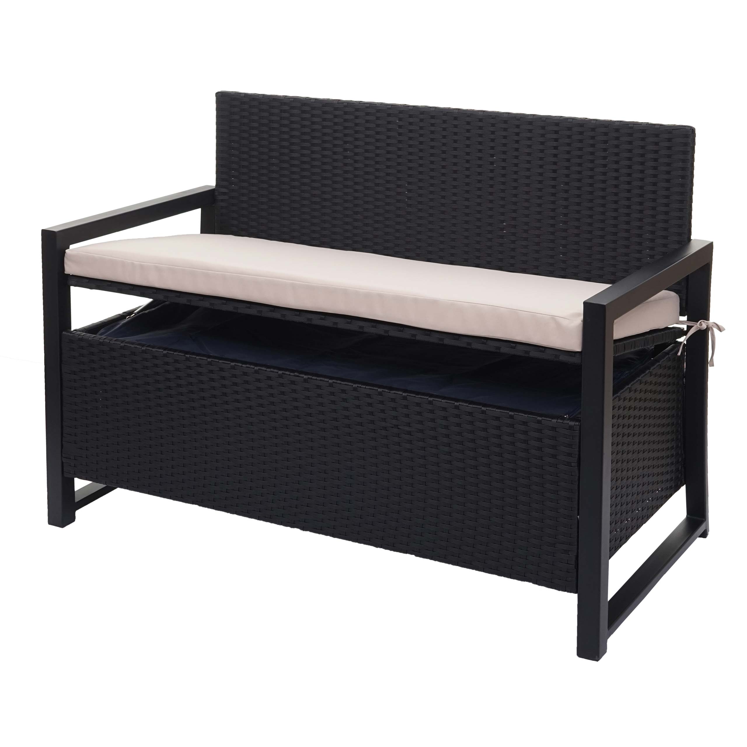 Poly-Rattan 2er Sitzbank MCW-F39, Gartenbank Truhenbank, Staufach Aufbewahrung Sitzkissen ~ anthrazit, Kissen beige 
