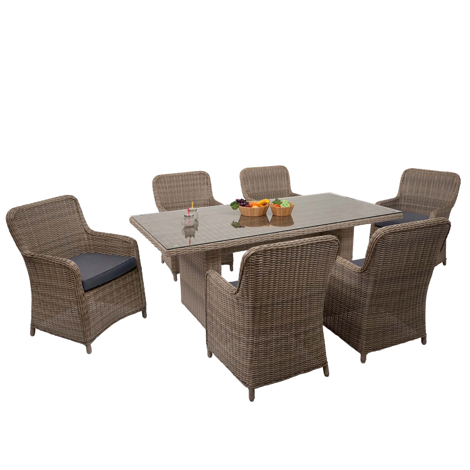 Poly-Rattan Garnitur -E98, Sitzgruppe Balkon-/Garten-/Lounge-Set, Spun Poly halbrundes Rattan MVG beige Kissen grau
