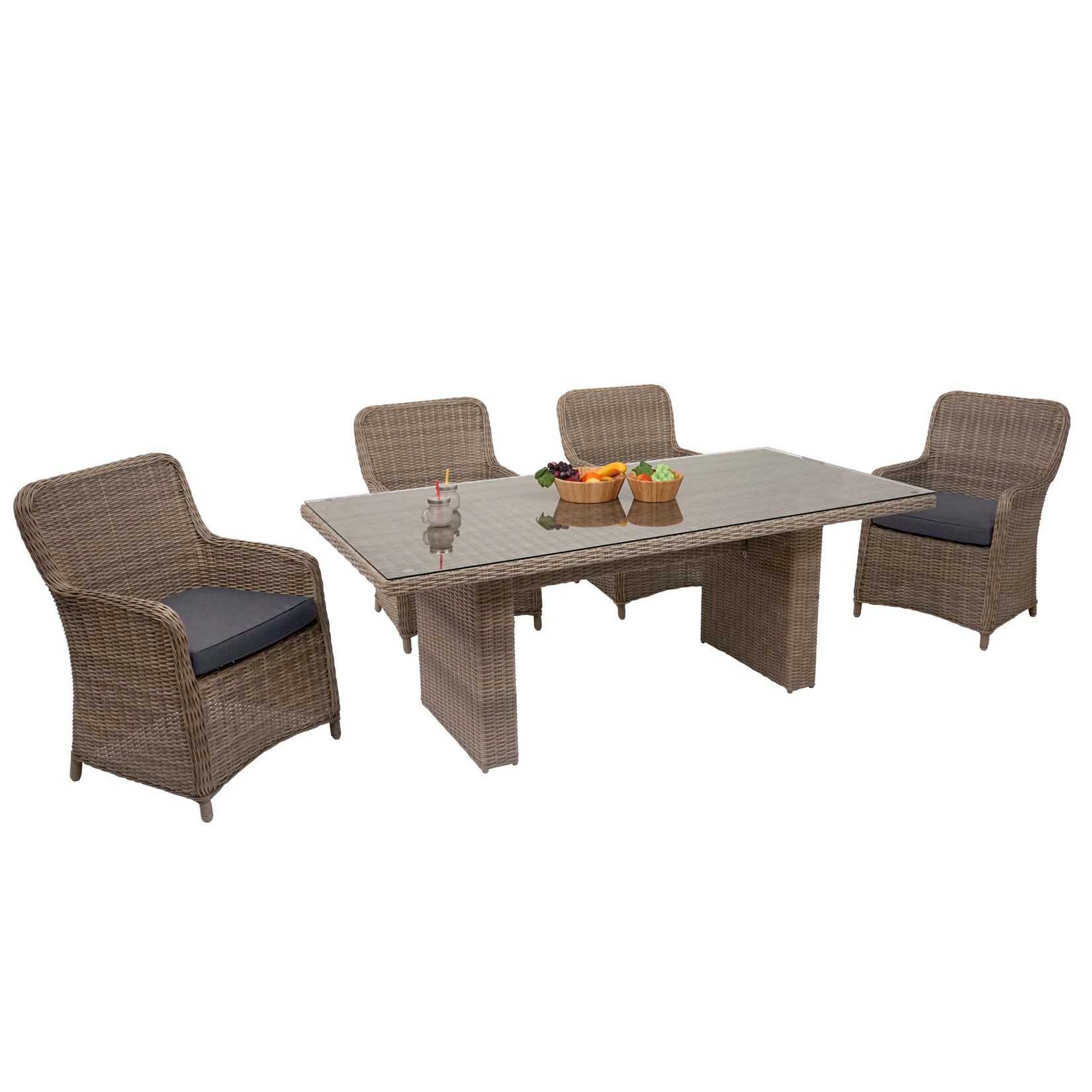 Poly-Rattan Garnitur -E98, Balkon-/Garten-/Lounge-Set Sitzgruppe, Spun Poly halbrundes Rattan MVG beige Kissen grau
