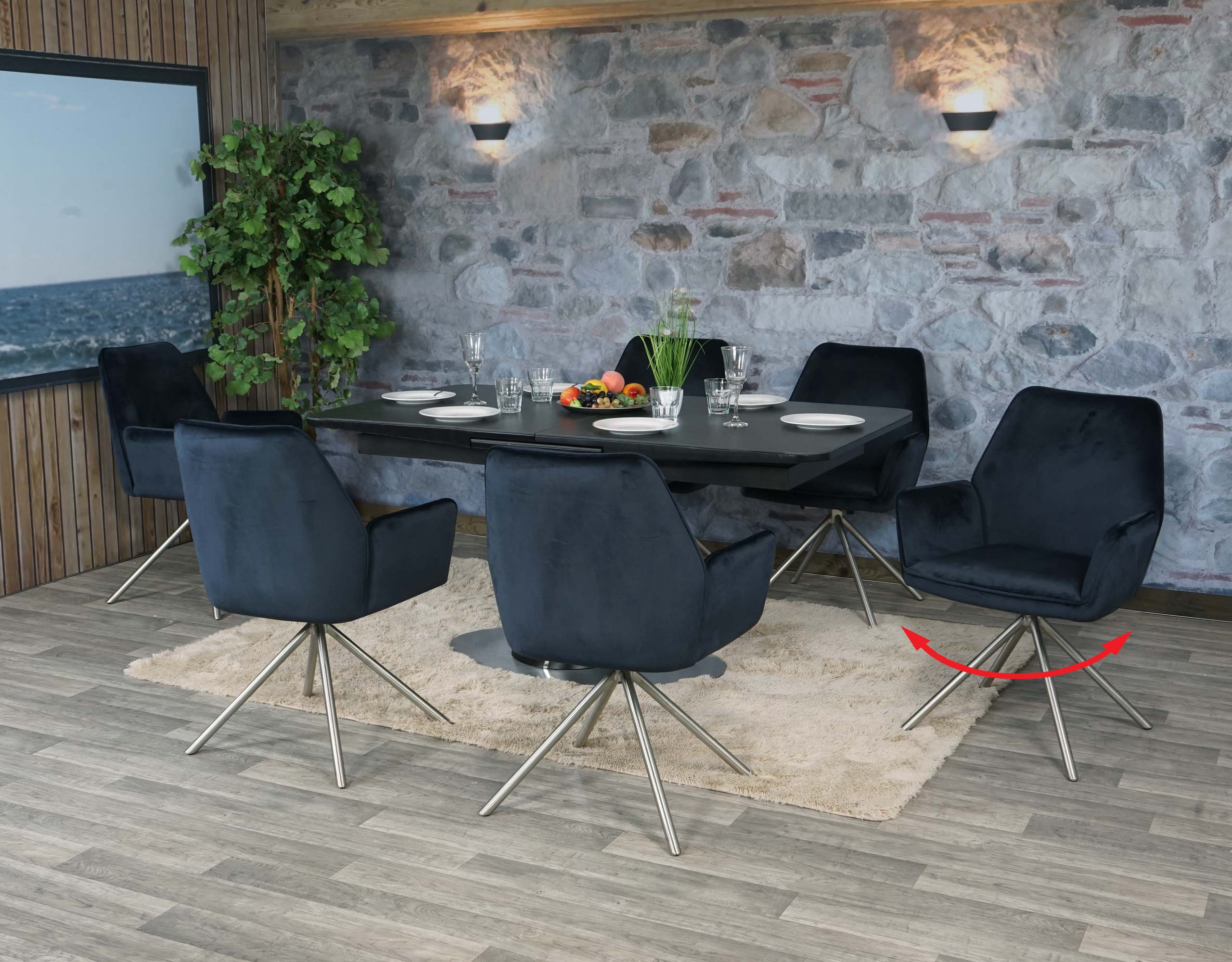 6er-Set Esszimmerstuhl MCW-G67, K&uuml;chenstuhl Armlehne, drehbar Auto-Position, Samt MVG ~ anthrazit-blau, Edelstahl 