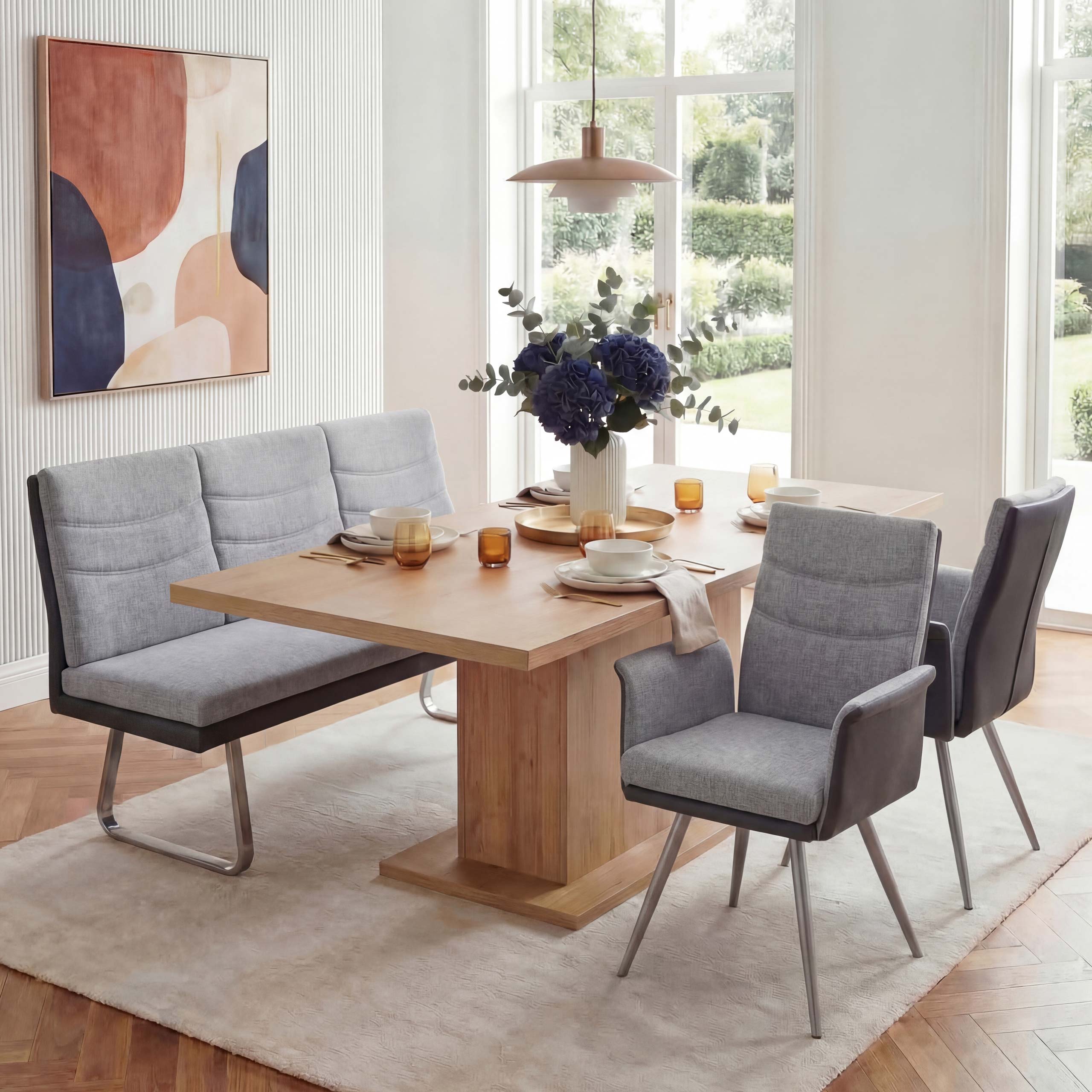 Set 2x Esszimmerstuhl+Sitzbank MCW-G54, Bank K&uuml;chenstuhl mit Armlehne, Stoff/Kunstleder Edelstahl ~ grau Bank 160cm 