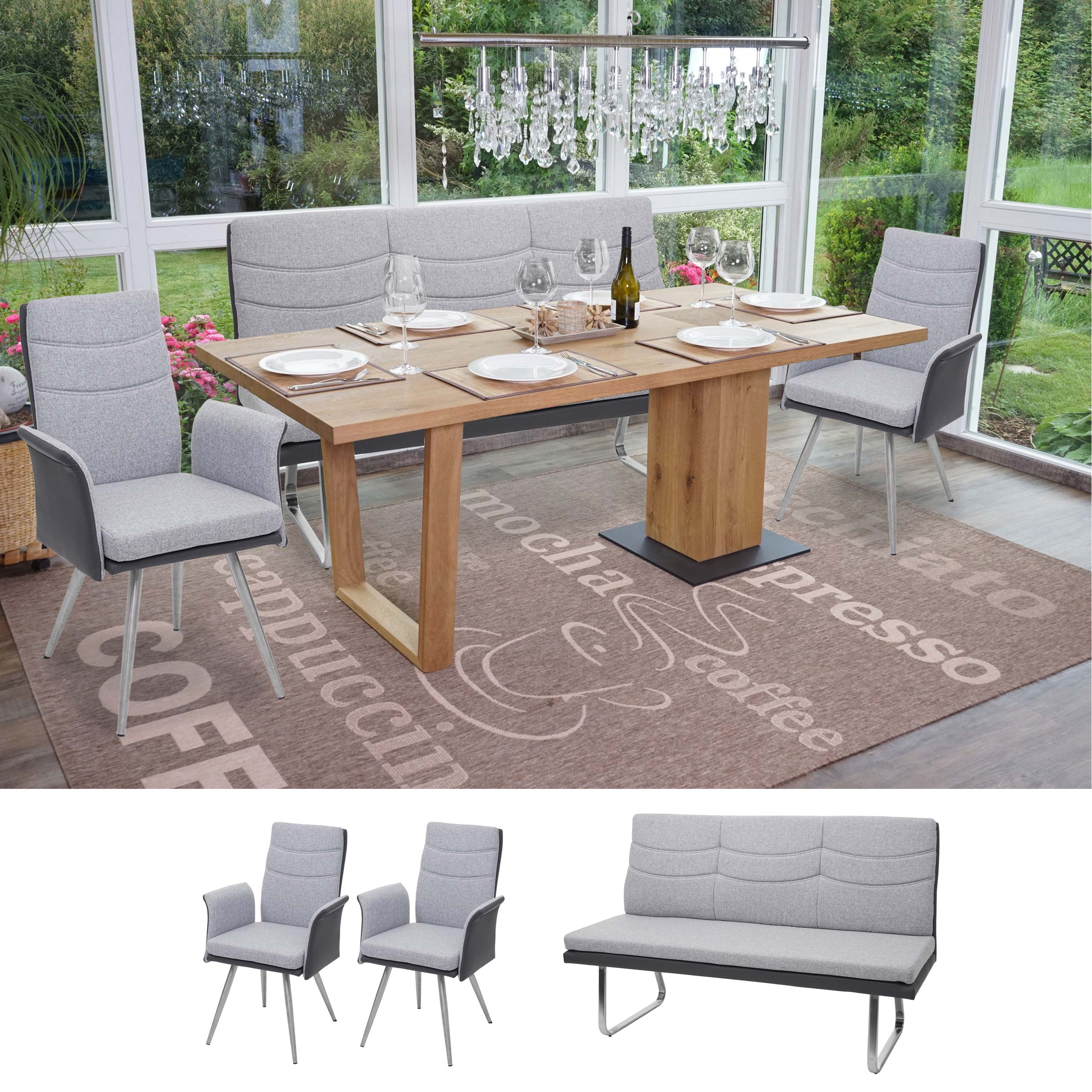 Set 2x Esszimmerstuhl+Sitzbank MCW-G54, Bank K&uuml;chenstuhl mit Armlehne, Stoff/Kunstleder Edelstahl ~ grau Bank 180cm 