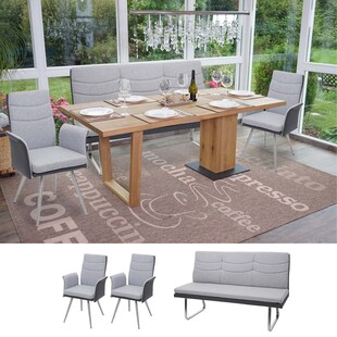 Set 2x Esszimmerstuhl+Sitzbank MCW-G54, Bank Küchenstuhl mit Armlehne, Stoff/Kunstleder Edelstahl ~ grau Bank 180cm 