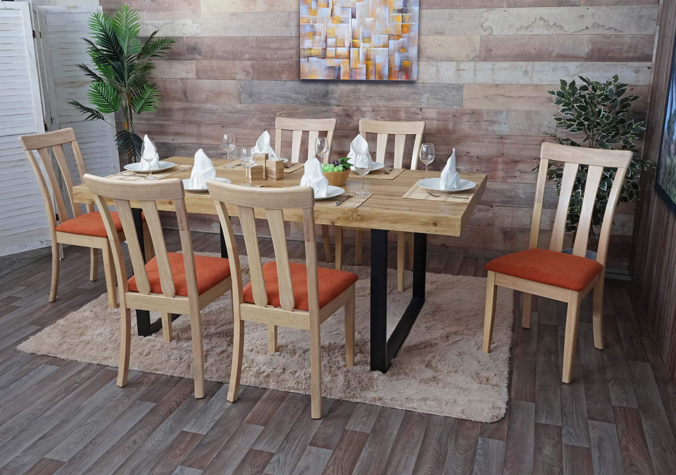 6er-Set Esszimmerstuhl MCW-G46, K&uuml;chenstuhl Stuhl, Stoff/Textil Massiv-Holz ~ naturfarbenes Gestell, orange 