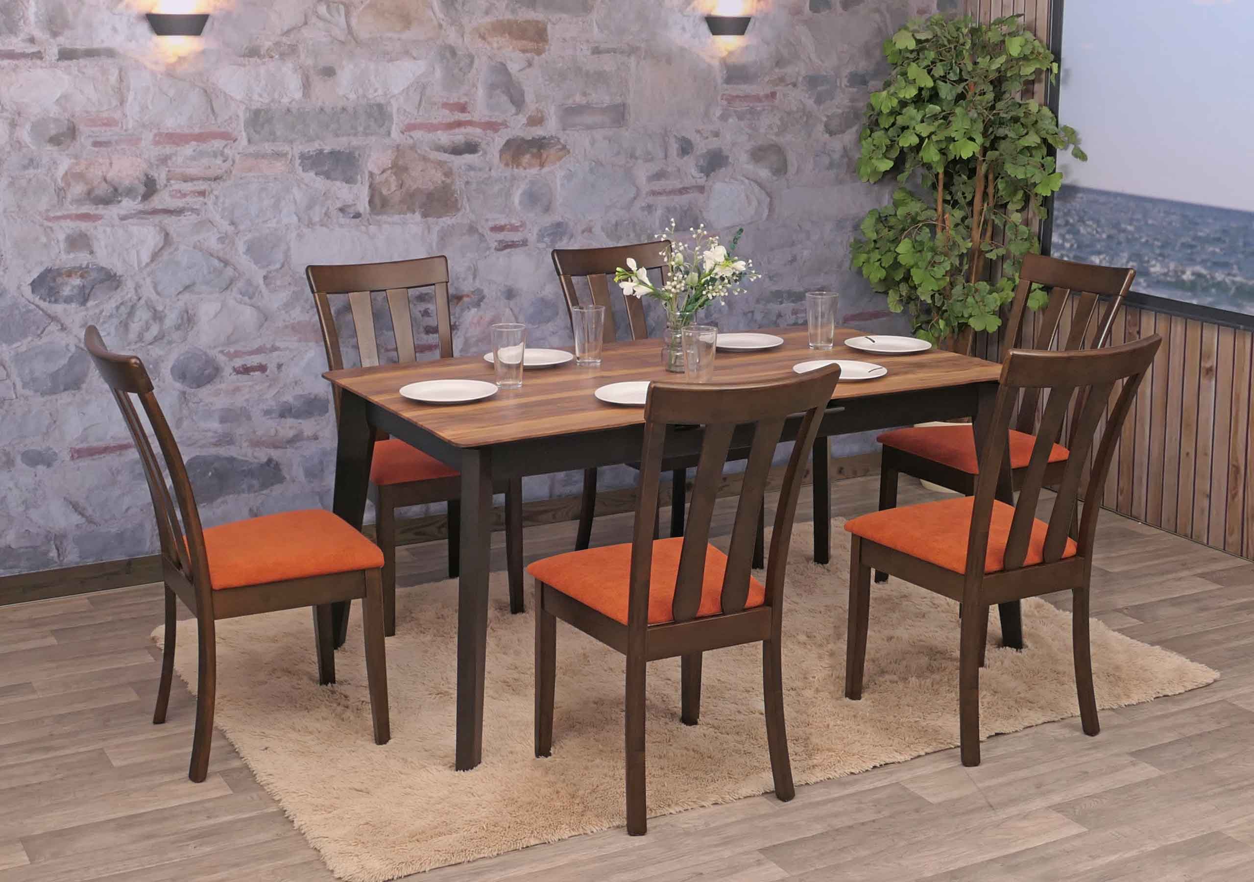 6er-Set Esszimmerstuhl MCW-G46, K&uuml;chenstuhl Stuhl, Stoff/Textil Massiv-Holz ~ dunkles Gestell, orange 