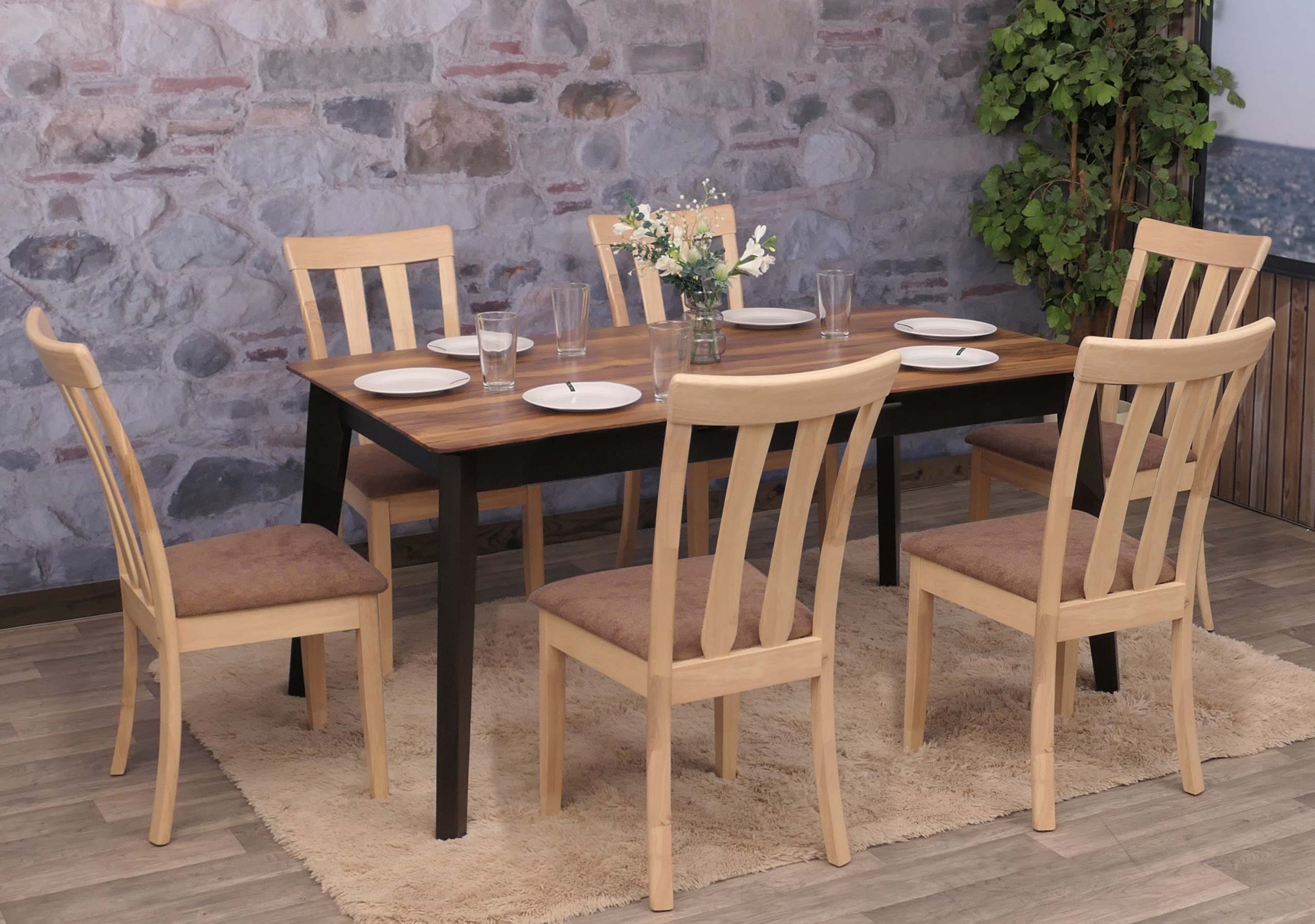 6er-Set Esszimmerstuhl MCW-G46, K&uuml;chenstuhl Stuhl, Stoff/Textil Massiv-Holz ~ naturfarbenes Gestell, braun 