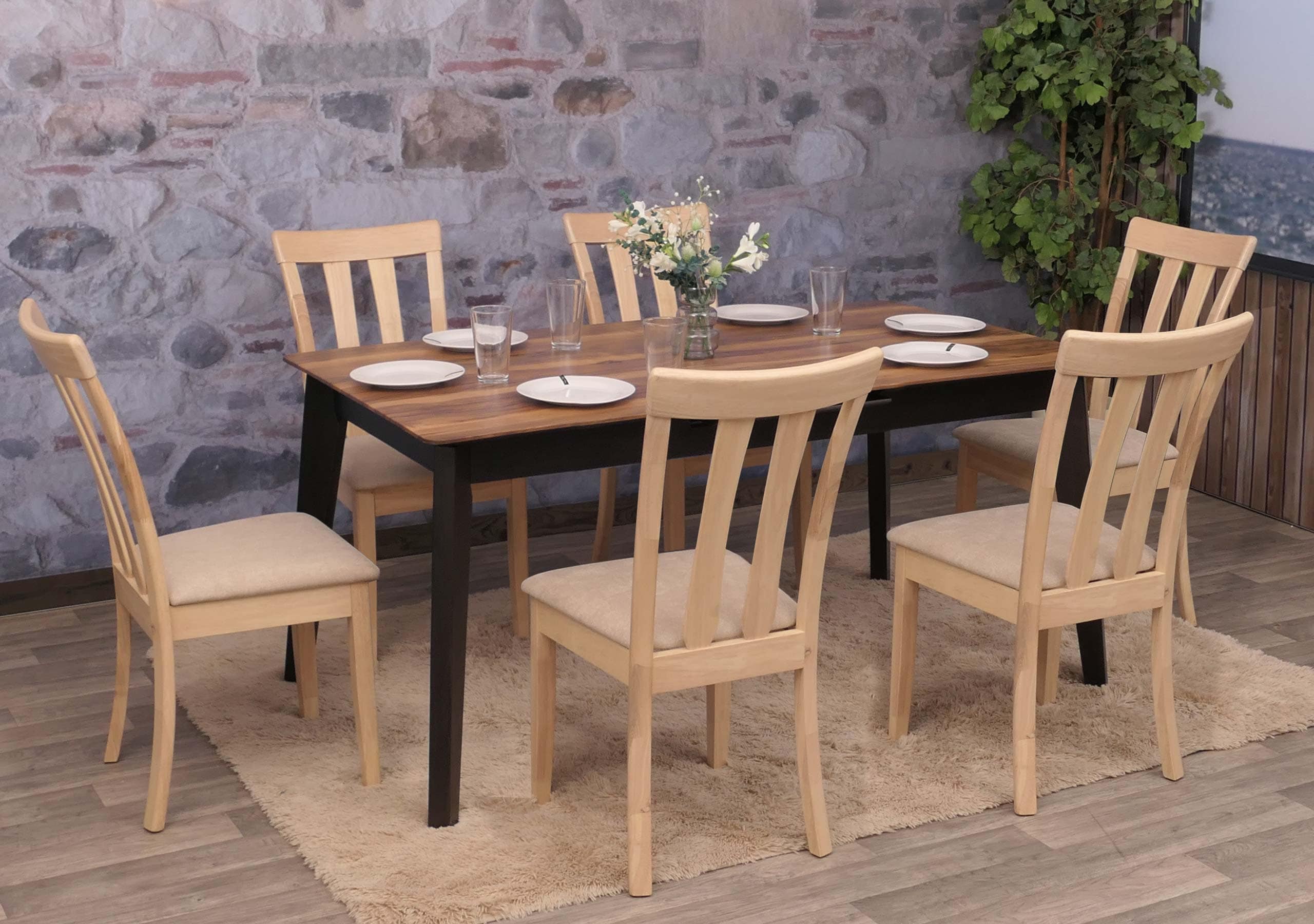 6er-Set Esszimmerstuhl MCW-G46, K&uuml;chenstuhl Stuhl, Stoff/Textil Massiv-Holz ~ naturfarbenes Gestell, beige 