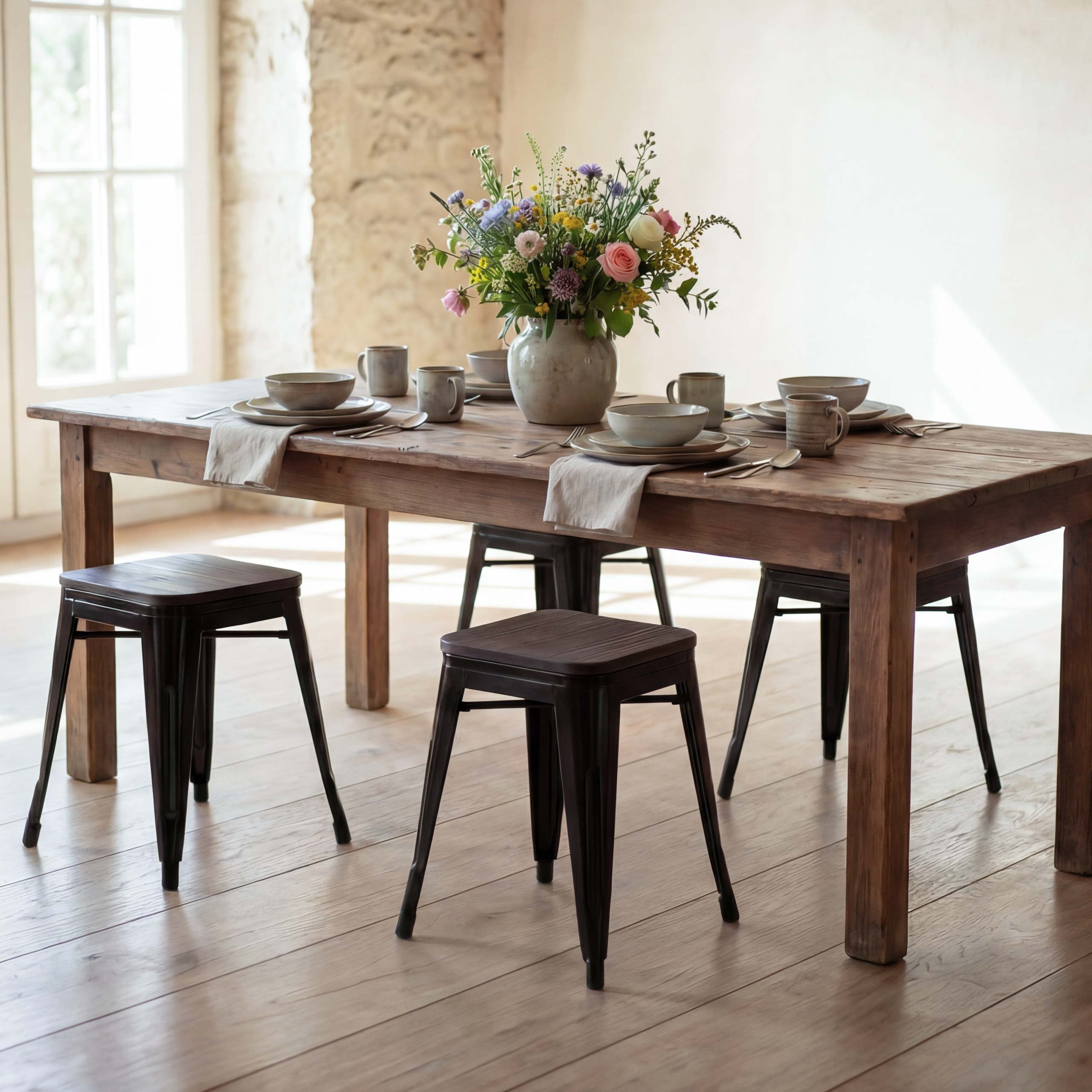 4er-Set Hocker MCW-A73 inkl. Holz-Sitzfl&auml;che, Metallhocker Sitzhocker, Metall Industriedesign stapelbar ~ schwarz 