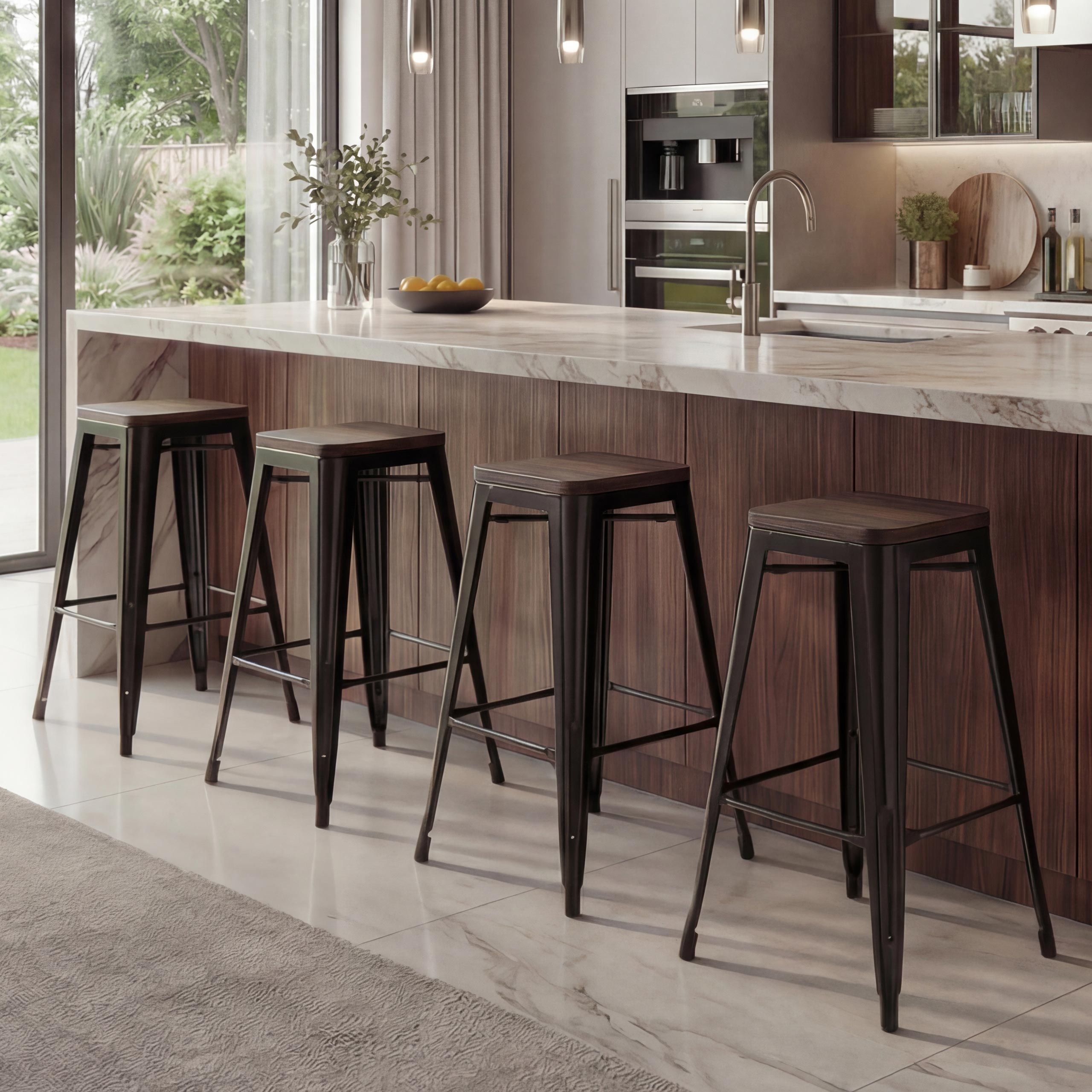 4er-Set Barhocker MCW-A73 inkl. Holz-Sitzfl&auml;che, Barstuhl Tresenhocker, Metall Industriedesign stapelbar ~ schwarz 