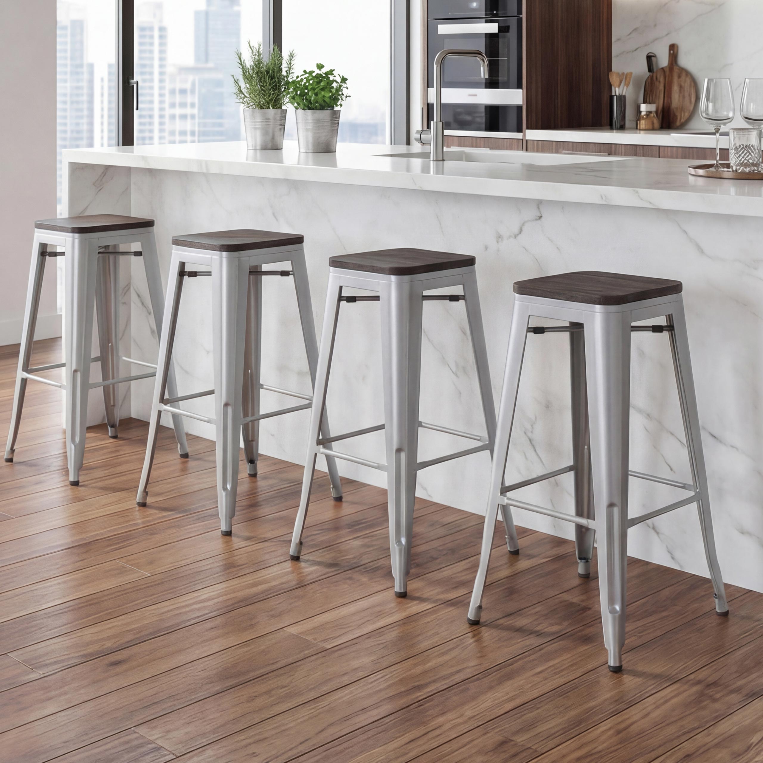 4er-Set Barhocker MCW-A73 inkl. Holz-Sitzfl&auml;che, Barstuhl Tresenhocker, Metall Industriedesign stapelbar ~ grau 