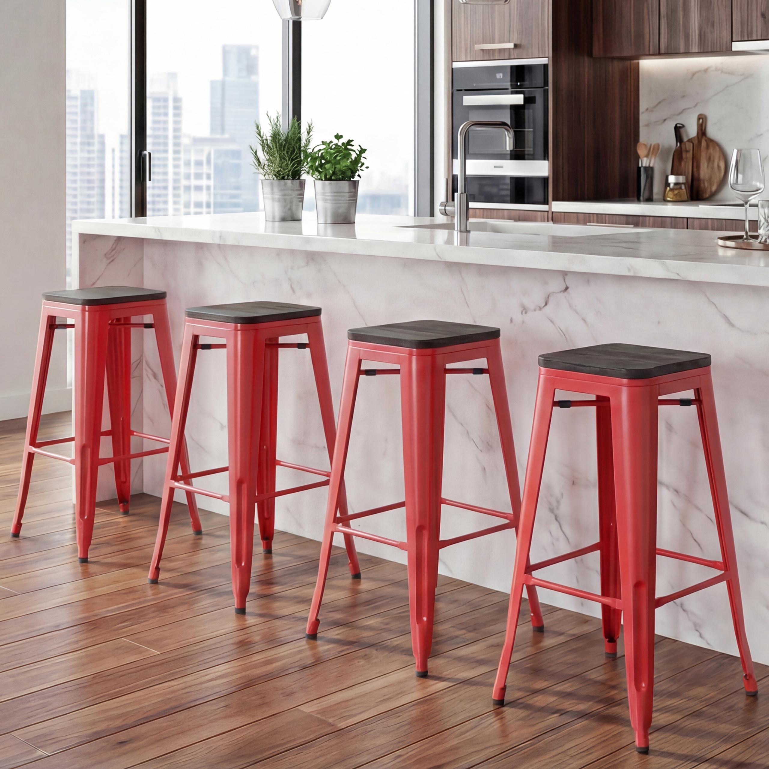 4er-Set Barhocker MCW-A73 inkl. Holz-Sitzfl&auml;che, Barstuhl Tresenhocker, Metall Industriedesign stapelbar ~ rot 