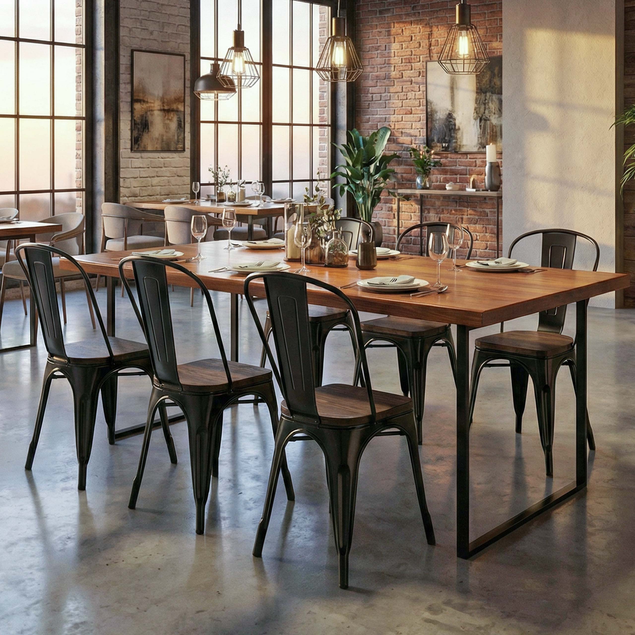 6er-Set Stuhl MCW-A73 inkl. Holz-Sitzfl&auml;che, Bistrostuhl Stapelstuhl, Metall Industriedesign stapelbar ~ schwarz 