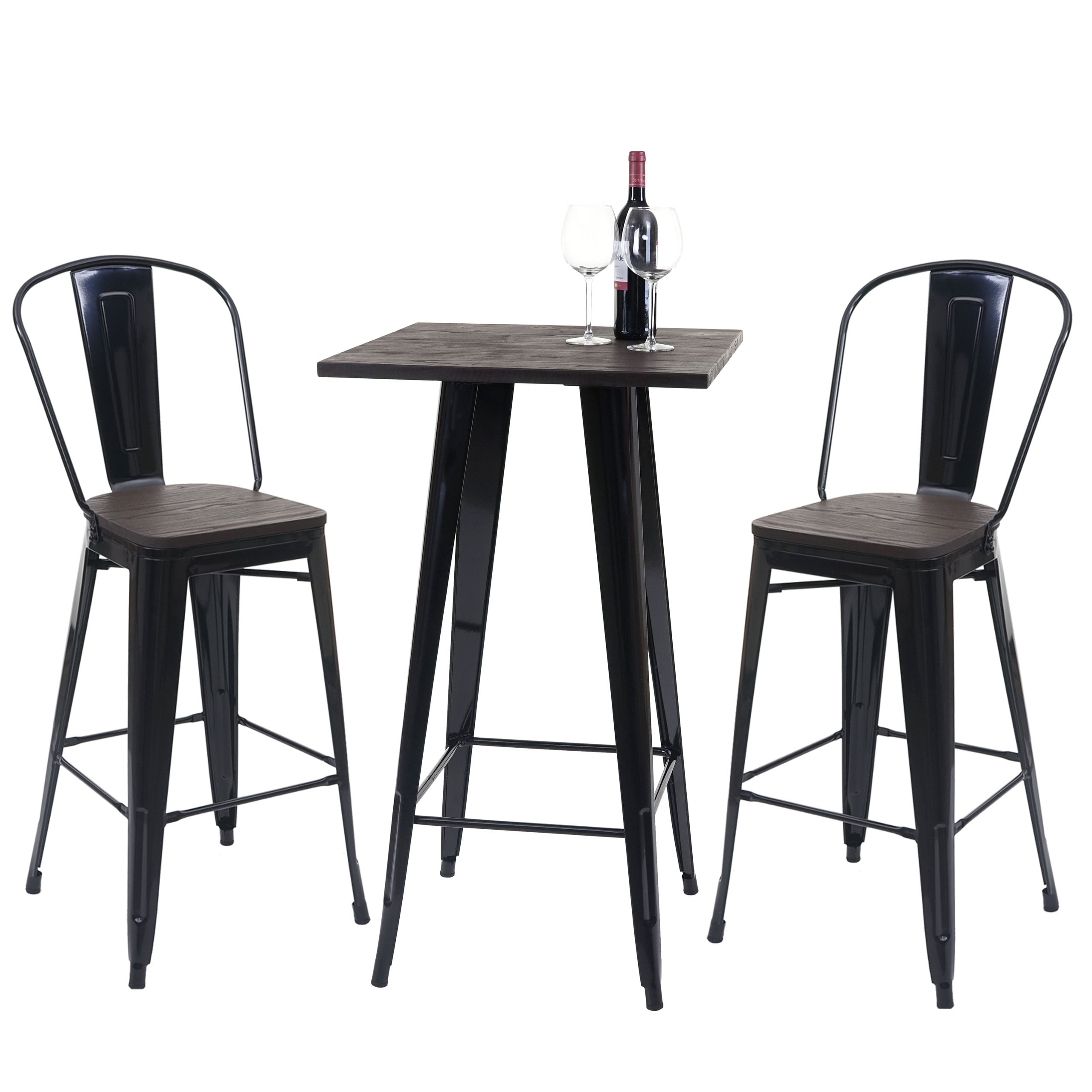 Set Stehtisch + 2x Barhocker MCW-A73 inkl. Holz-Tischplatte, Barstuhl Bartisch, Metall Industriedesign, MVG ~ schwarz 