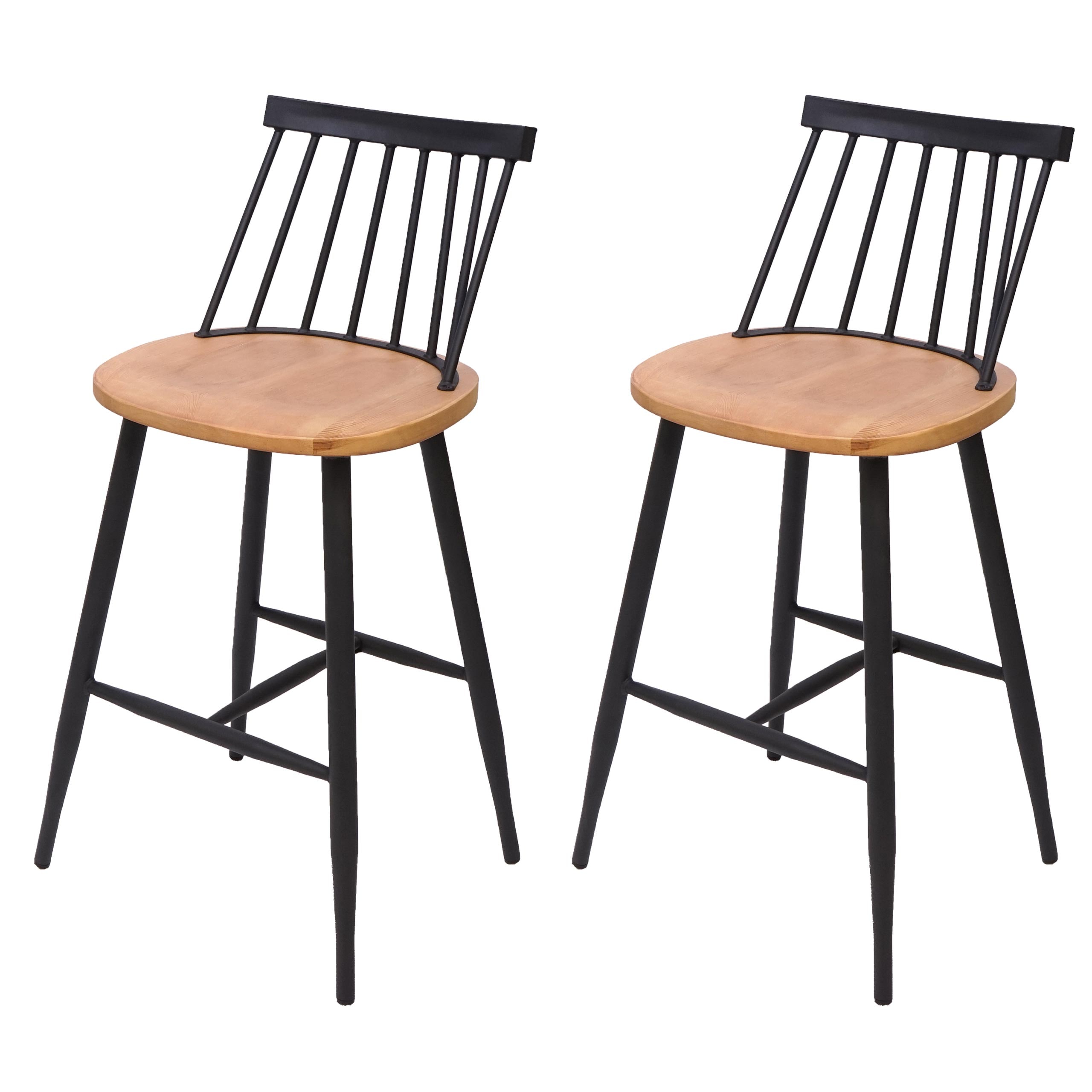 2er-Set Barhocker MCW-G69, Tresenhocker Barstuhl, Massivholz Retro Design Metall Fu&szlig;ablage Gastronomie ~ naturfarben 