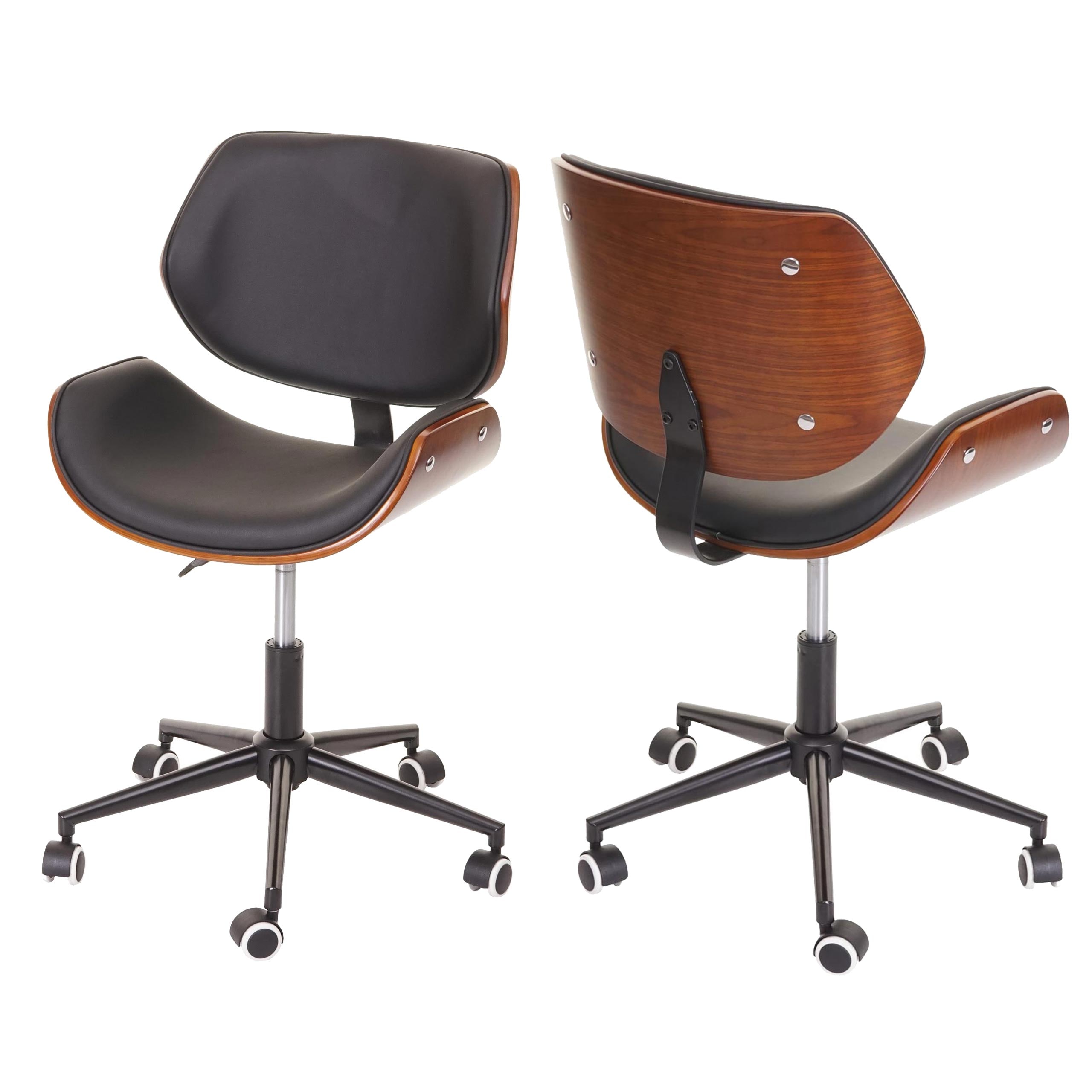 B&uuml;rostuhl MCW-G25, Drehstuhl Schreibtischstuhl, Bugholz Walnuss-Optik Retro drehbar h&ouml;henverstellbar MVG ~ schwarz-braun 