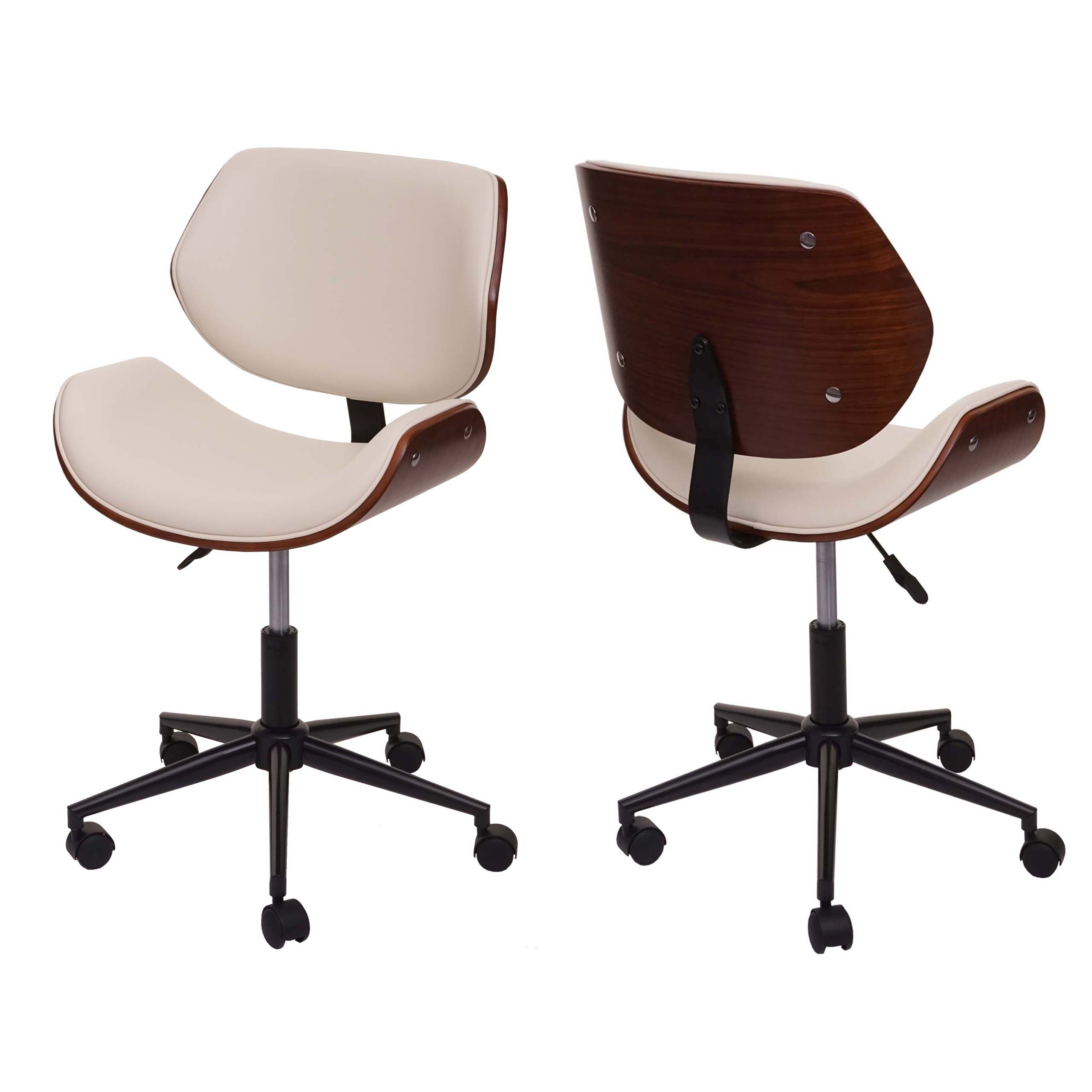 B&uuml;rostuhl MCW-G25, Drehstuhl Schreibtischstuhl, Bugholz Walnuss-Optik Retro drehbar h&ouml;henverstellbar MVG ~ creme 