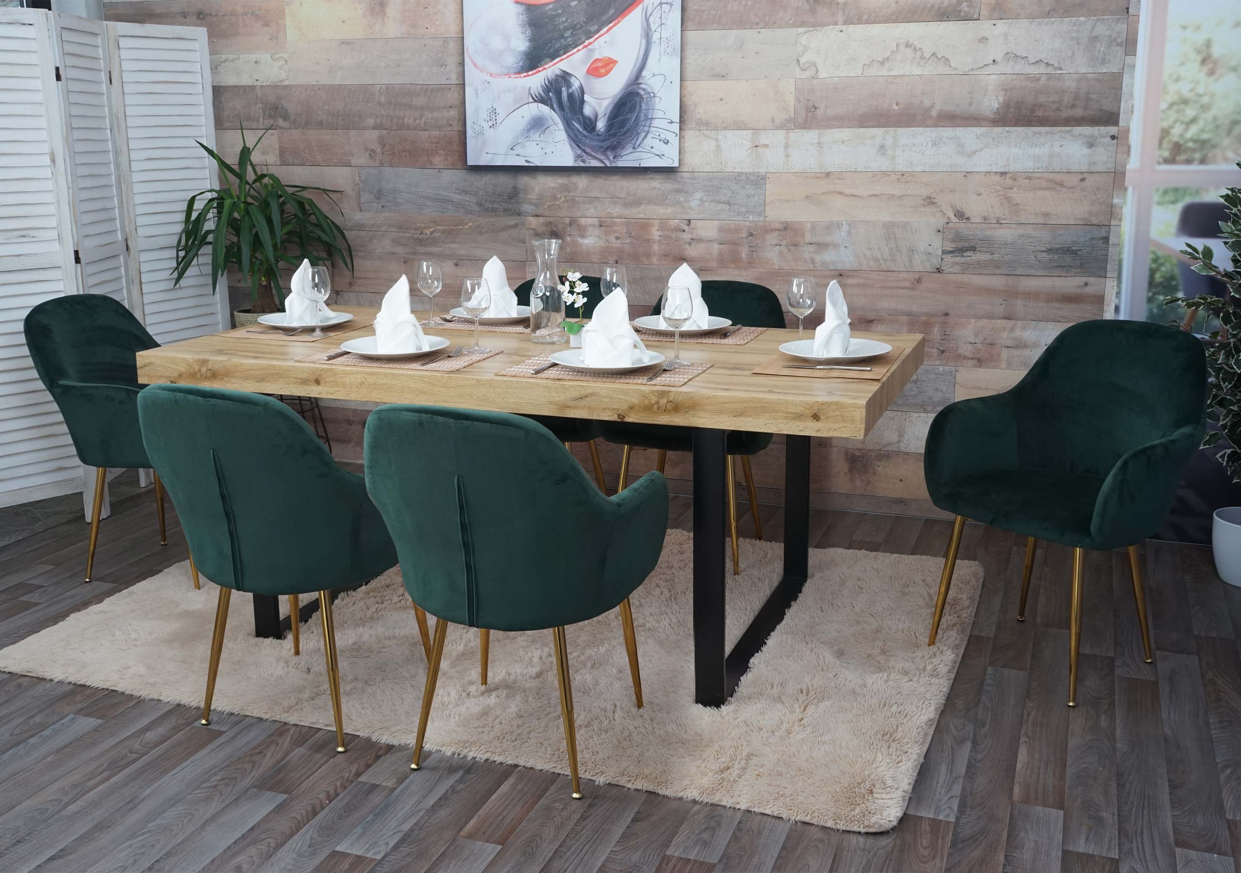 6er-Set Esszimmerstuhl MCW-F18, Stuhl K&uuml;chenstuhl, Retro Design ~ Samt gr&uuml;n, goldene Beine 