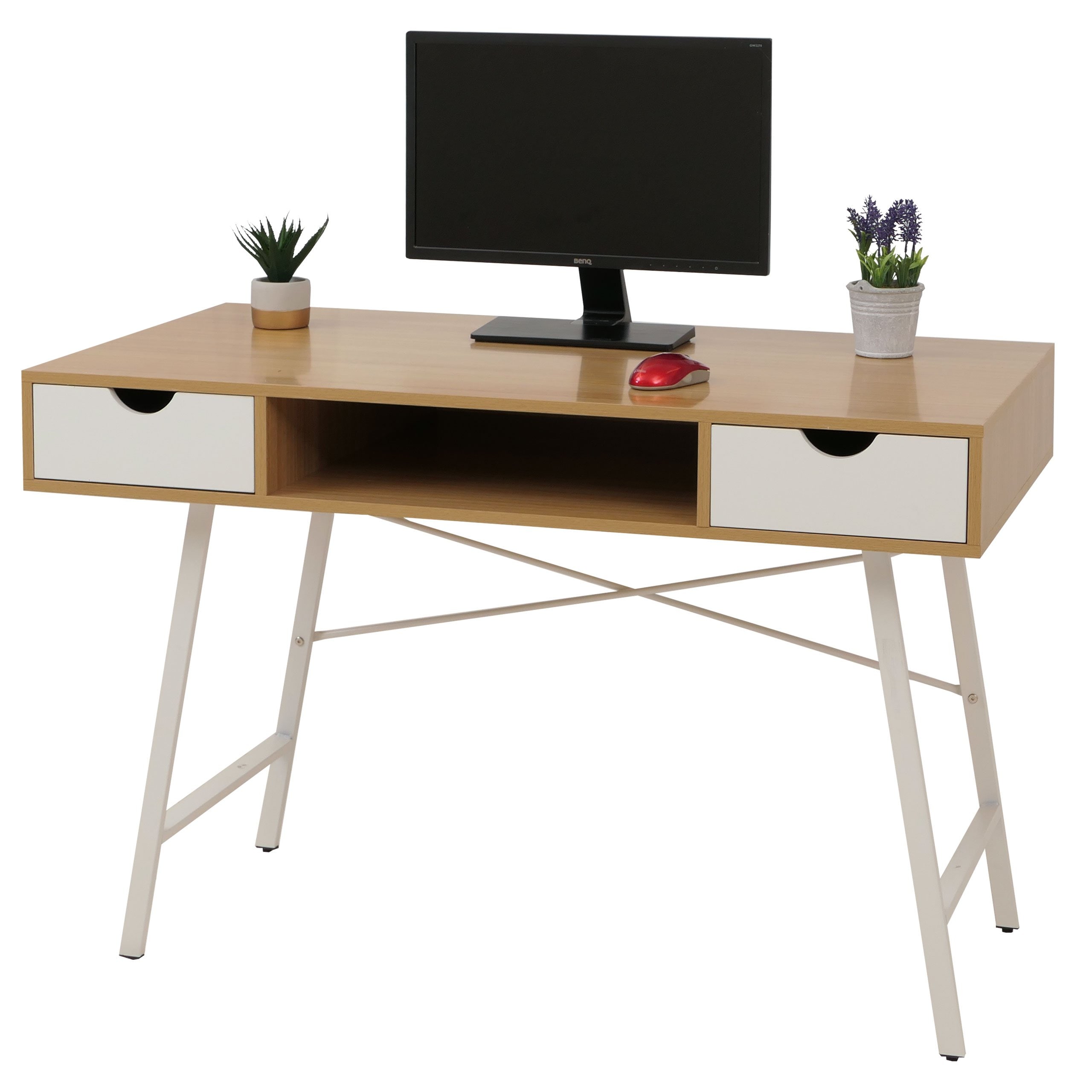 Schreibtisch MCW-E92, B&uuml;rotisch Computertisch, 3D-Struktur 120x60cm ~ naturbraun wei&szlig; 