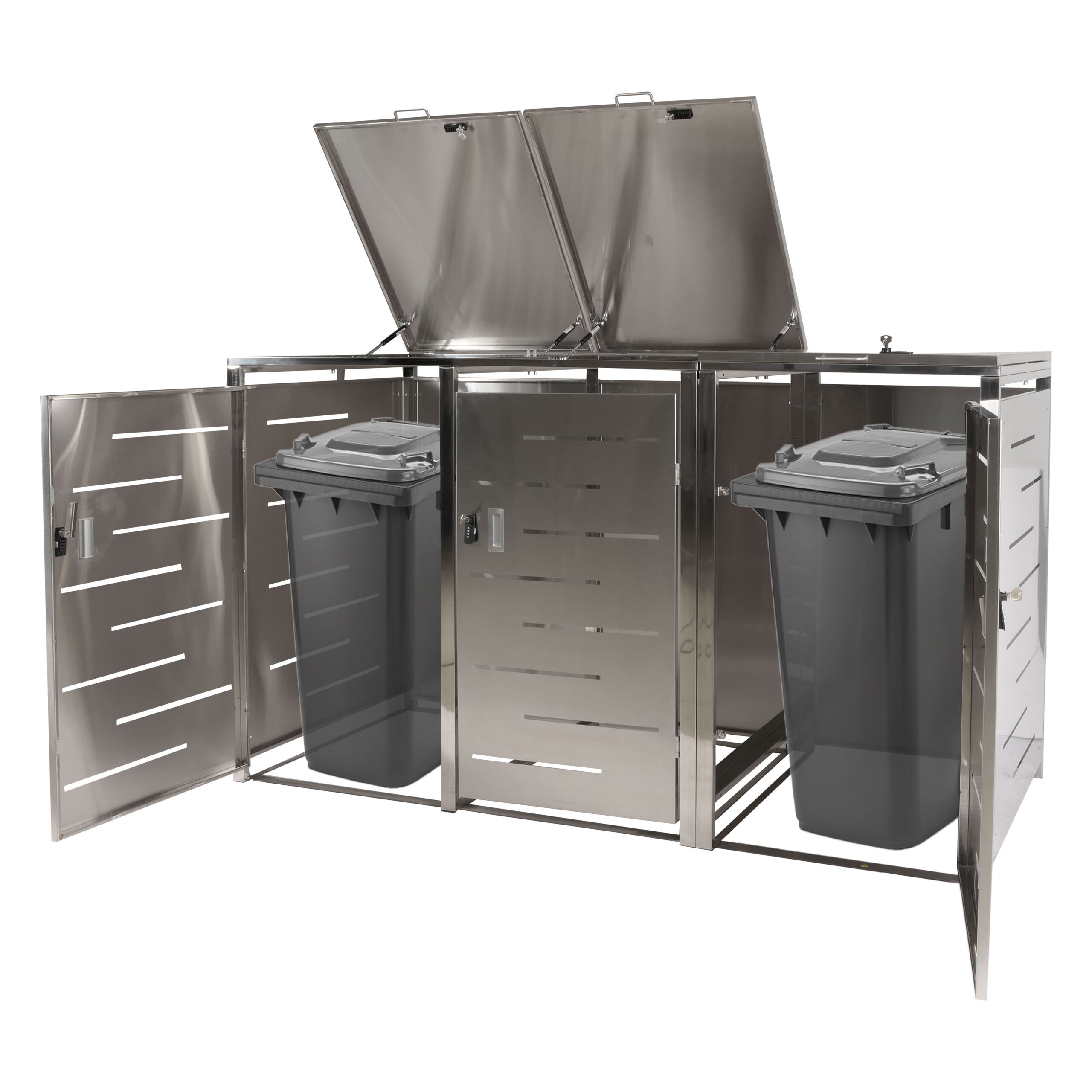 3er-M&uuml;lltonnenverkleidung MCW-E83, M&uuml;lltonnenbox M&uuml;lltonnenabdeckung, erweiterbar 117x197x80cm ~ Edelstahl 68kg 