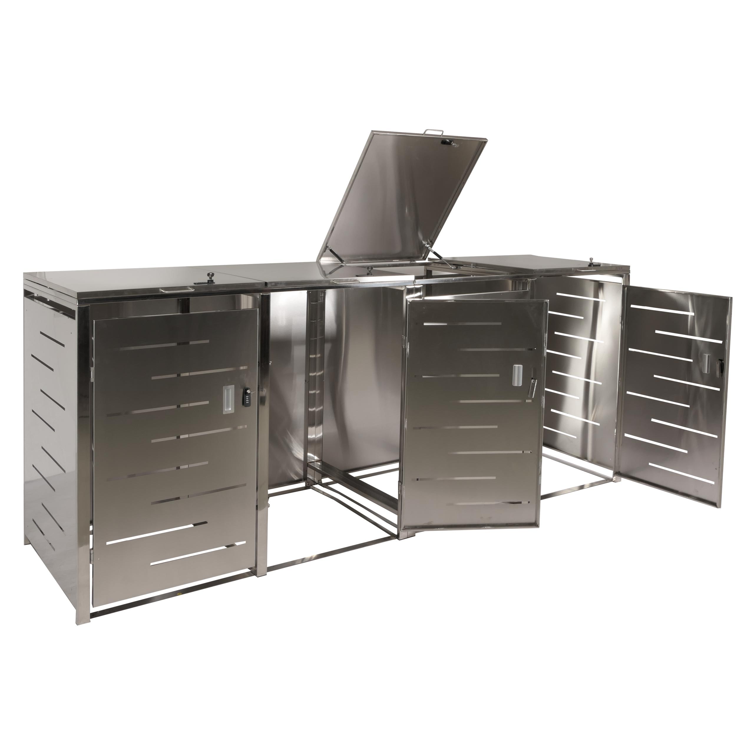 4er-M&uuml;lltonnenverkleidung MCW-E83, M&uuml;lltonnenbox M&uuml;lltonnenabdeckung, erweiterbar 117x263x80cm ~ Edelstahl 99kg 