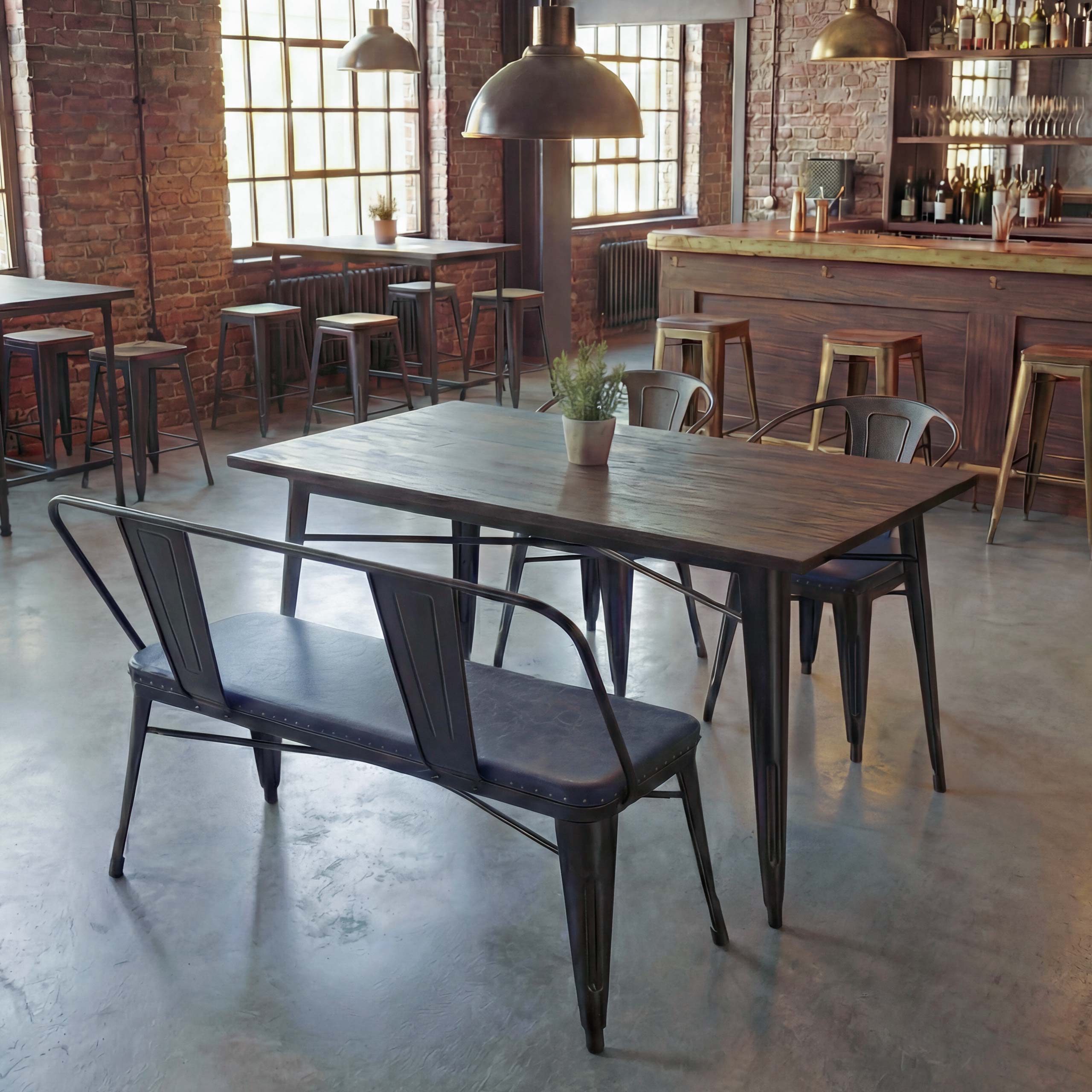 Esszimmer-Set MCW-H10, 2xEsszimmerstuhl Sitzbank Esszimmertisch Kunstleder Ulme Holz MVG Industrial Gastronomie ~ grau 