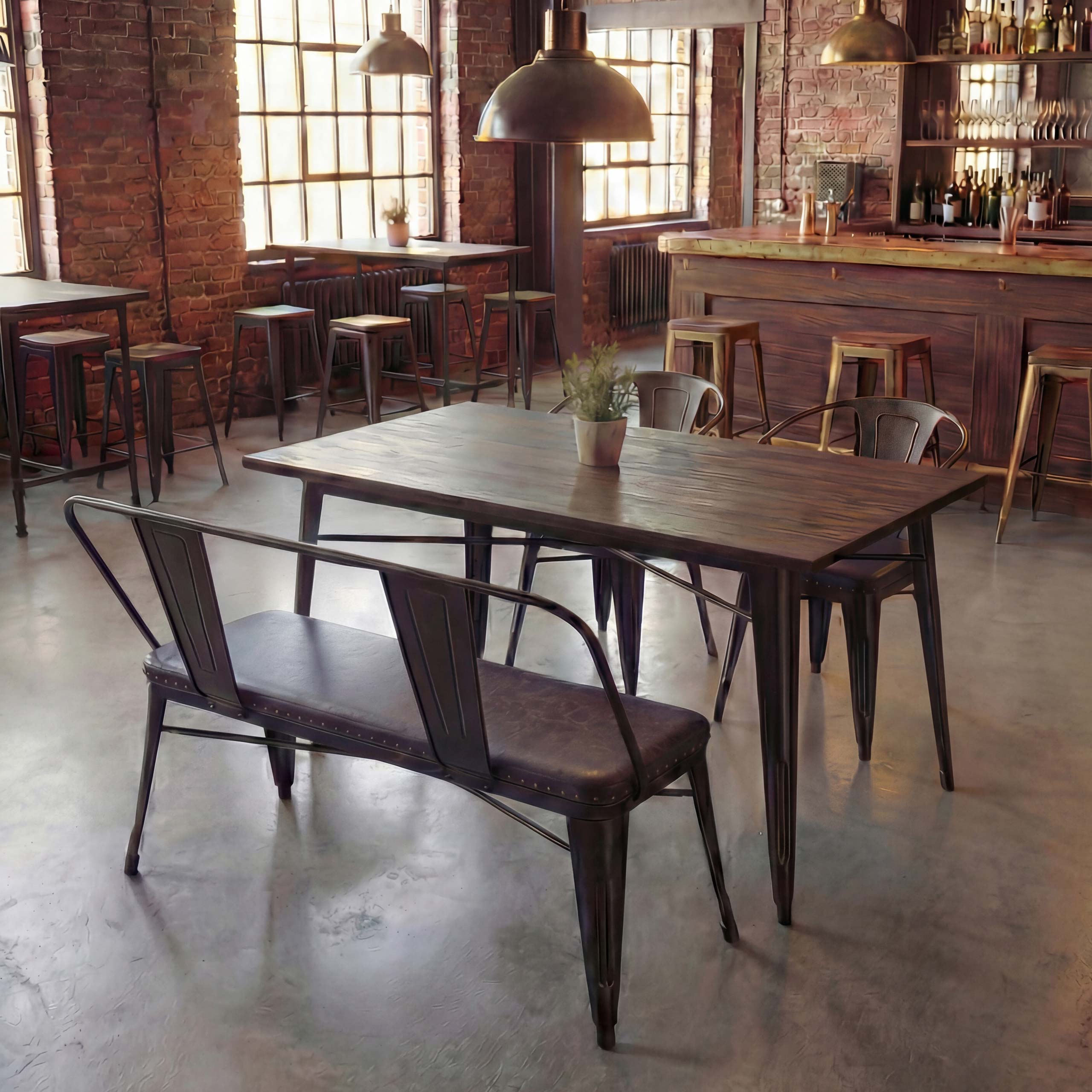 Esszimmer-Set MCW-H10, 2xEsszimmerstuhl Sitzbank Esszimmertisch Kunstleder Ulme Holz MVG Industrial Gastronomie ~ braun 