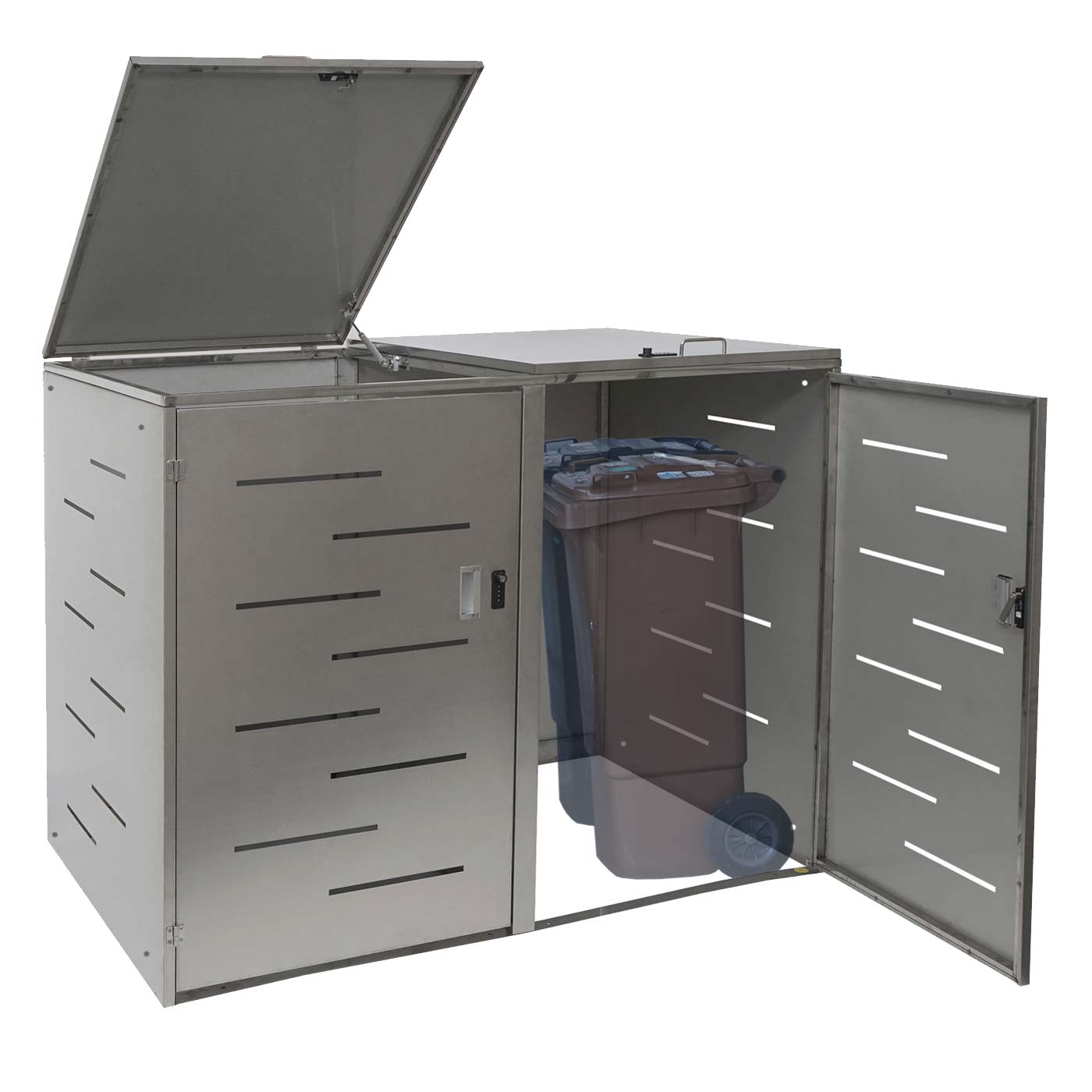 XL 2er-/4er-M&uuml;lltonnenverkleidung MCW-E83, M&uuml;lltonnenbox, erweiterbar 116x141x98cm ~ Edelstahl 50kg 