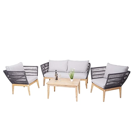 Gartengarnitur MCW-H55, Lounge-Set Sofa Sitzgruppe, Seilgeflecht Rope Holz Akazie Spun Poly MVG ~ Kissen hellgrau 