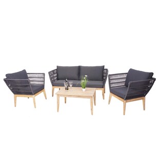 Gartengarnitur MCW-H55, Lounge-Set Sofa Sitzgruppe, Seilgeflecht Rope Holz Akazie Spun Poly MVG ~ Kissen dunkelgrau 