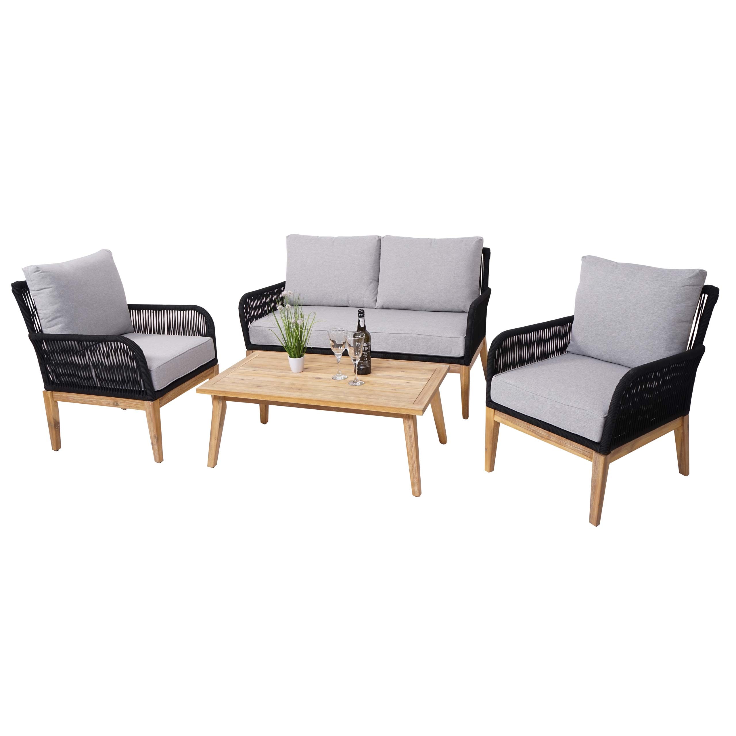 Gartengarnitur MCW-H58, Lounge-Set Sofa Sitzgruppe, Seilgeflecht Rope Holz Akazie Spun Poly MVG ~ Kissen hellgrau 
