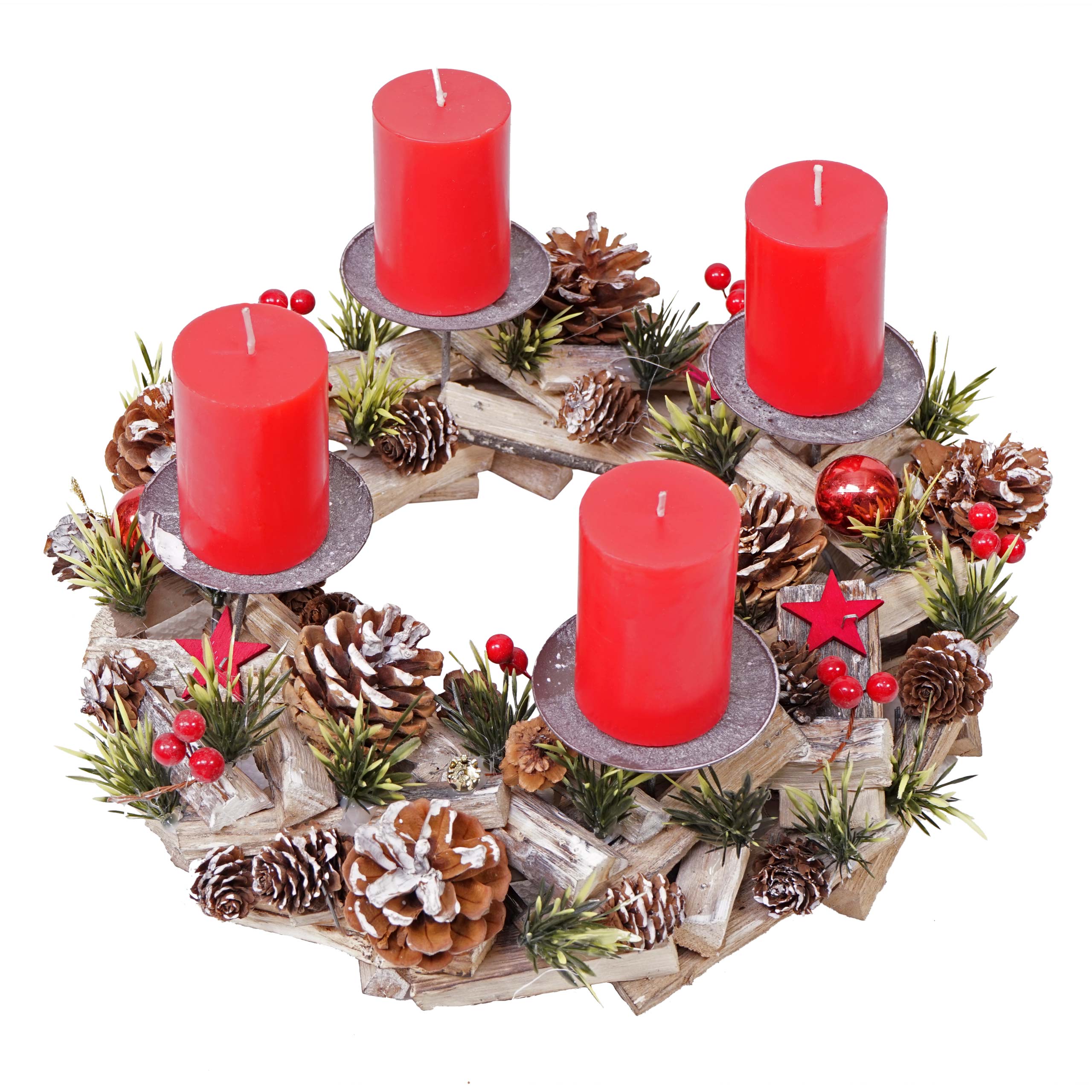 Adventskranz MCW-H50, Weihnachtsdeko Adventsgesteck Weihnachtsgesteck, Holz rund &Oslash; 33cm MVG ~ inkl. 4x Kerzen rot 