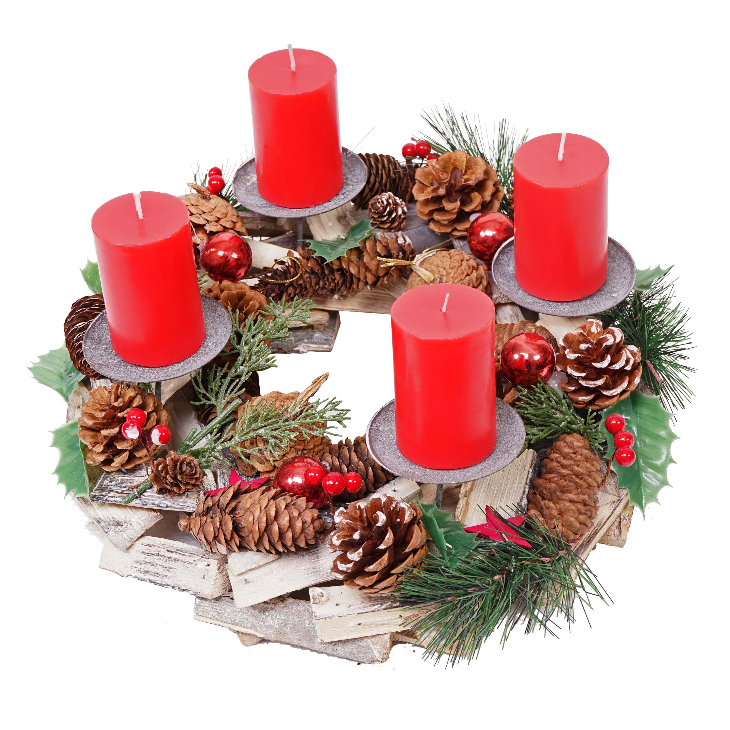 Adventskranz MCW-H49, Weihnachtsdeko Adventsgesteck Gesteck, Holz MVG-zertifiziert rund &Oslash; 33cm ~ inkl. 4x Kerzen rot 